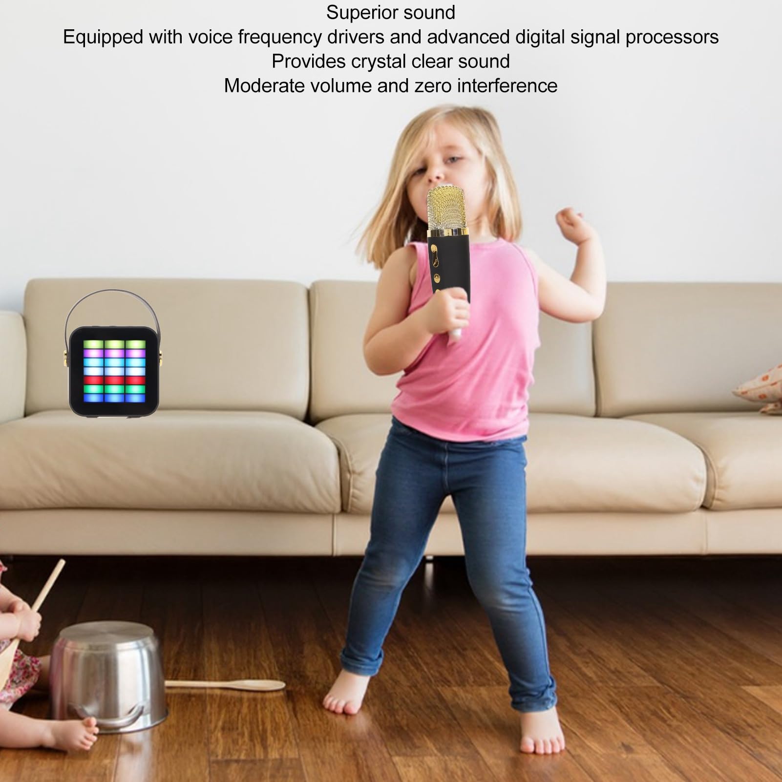 Septpenta Mini Karaoke per Bambini, Altoparlante Bluetooth Portatile, Effetti di Illuminazione a LED Altoparlante Bluetooth Wireless, con 2 Microfoni Wireless per Regali di Compleanno