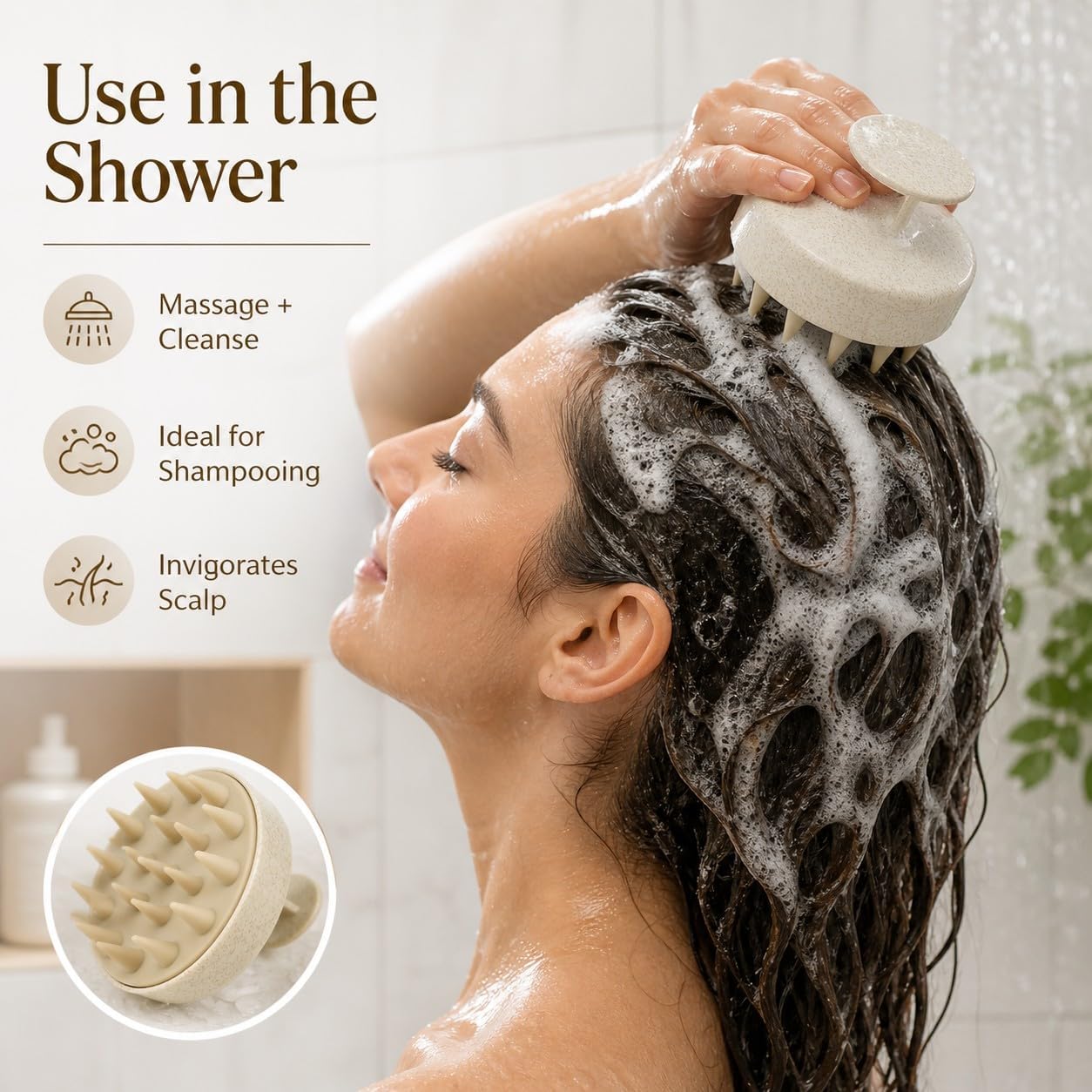 Scalp Massager Shampoo Brush 2-Pack, Hair Scrubber with Soft Silicone Bristles, Eco-Friendly Wheat Straw Head Massager for Dandruff Removal & Scalp Exfoliation, Wet/Dry Hair Cleaning Brush, Beige