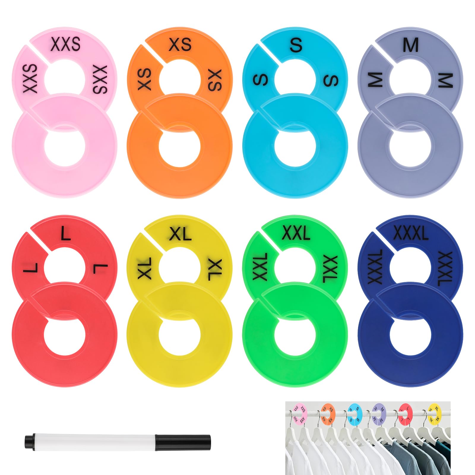 16 separadores de tamaño de perchero, separadores de armario para ropa, separadores redondos de plástico para colgar ropa con marcadores de tamaño XS a XXXL y en blanco, organizador de ropa con