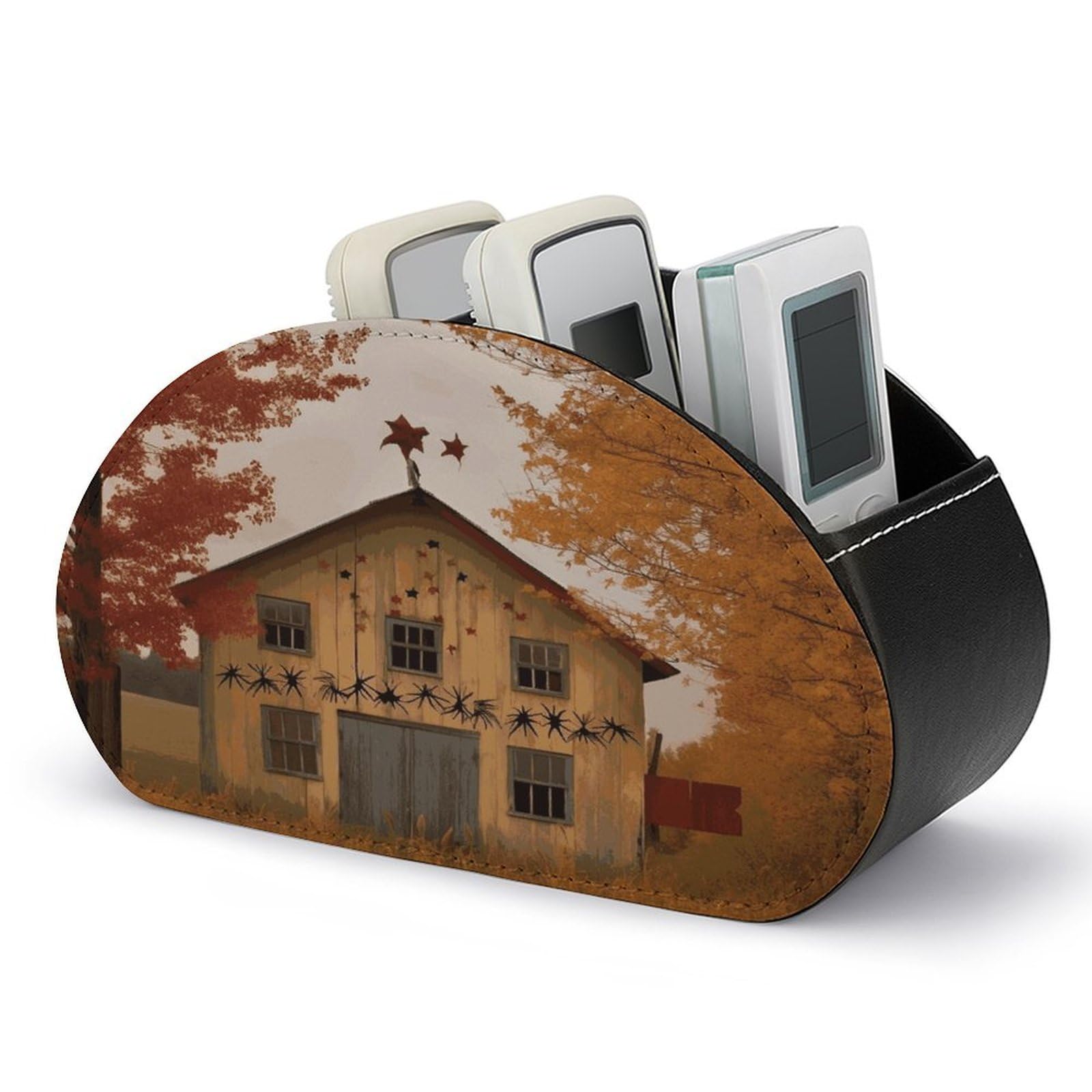 LZQPOEAS Fall Country Barn Remote Control Holder with 5 Compartments PU Leather Remote Organizer Box Caddy for Table Nightstand Remote Caddy Desktop Organizer Fits Media Controllers