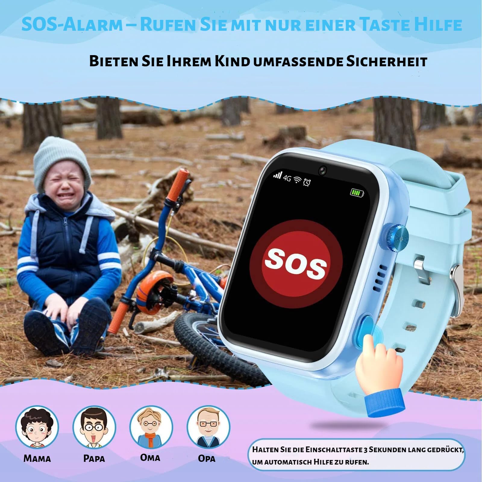 OKYUK Smartwatch dziecięcy 4G z trackerem GPS, dwukierunkowe połączenia, SOS, smartwatch z wieloma stylami pulpitu do wyboru dla 6-12 chłopców i dziewczynek (niebieski)