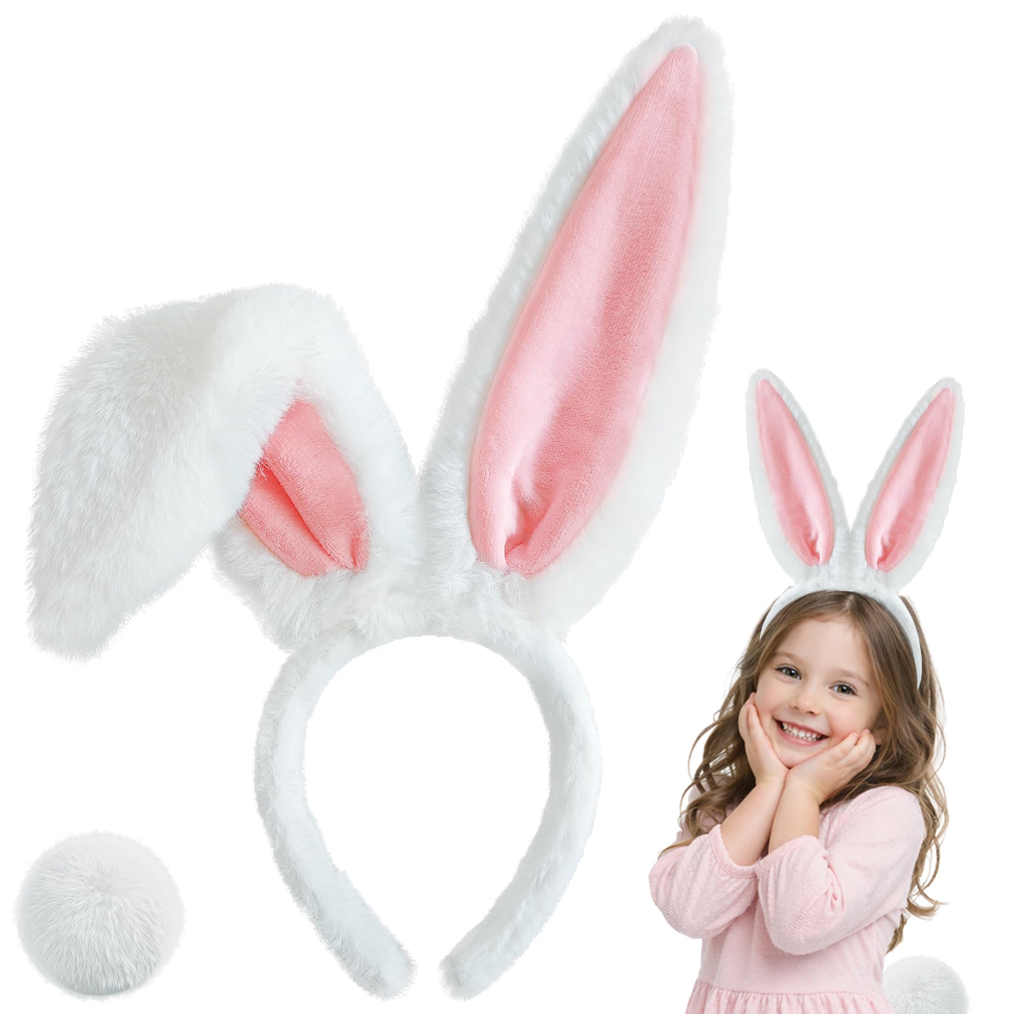 Photo 1 of D-Fokes Easter Bunny Ears Headband and Bunny Tail, Bendable White Bunny Ears, Furry Rabbit Ears Headband for Halloween Easter Party Cosplay Bunny Costume Accessories
