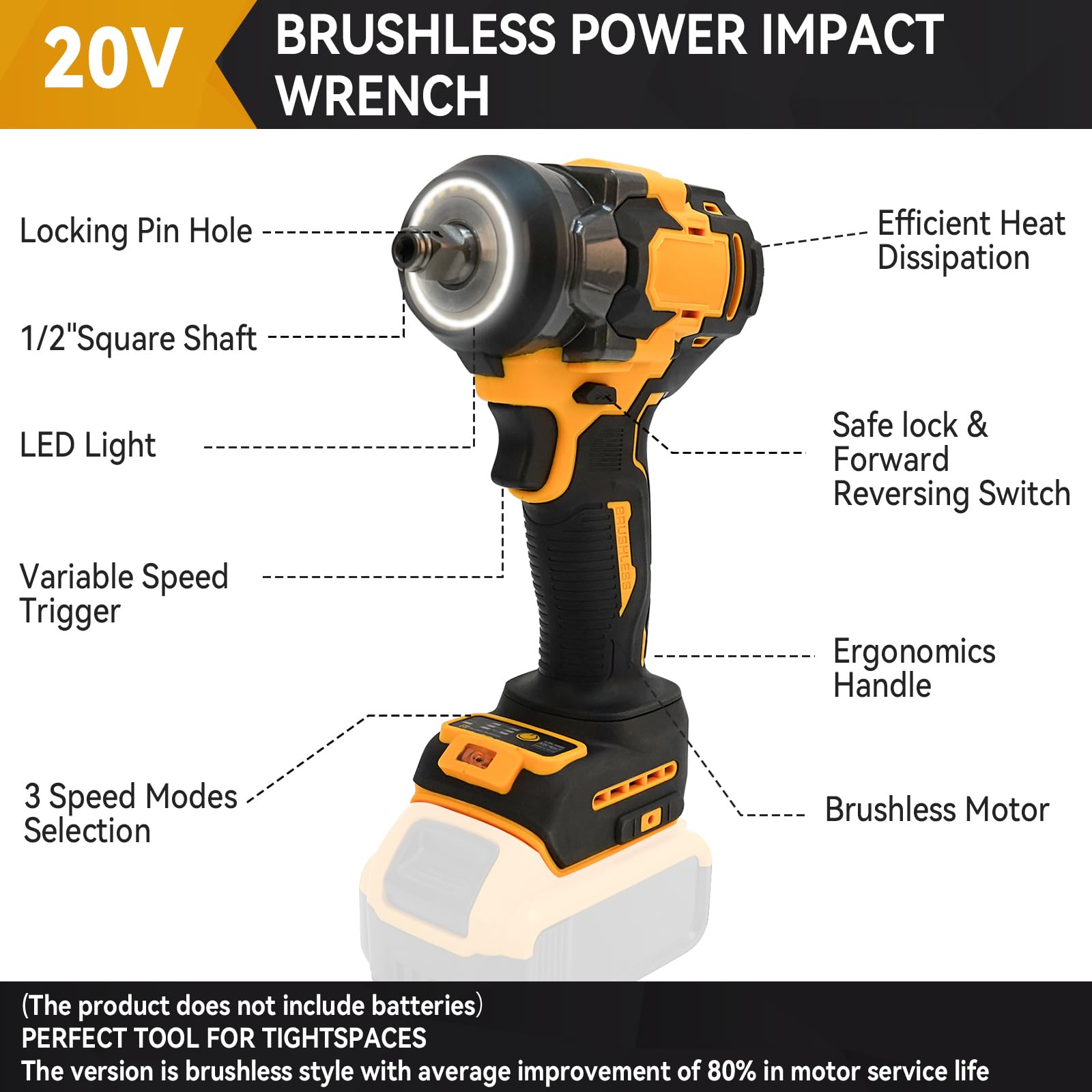 Bezprzewodowy klucz udarowy do akumulatora Dewalt 18 V 20 V Max, 700 Nm 1/5.1 cm bezszczotkowy pistolet udarowy, elektryczny sterownik udarowy, regulacja 3 prędkości z 6 gniazdami do mebli