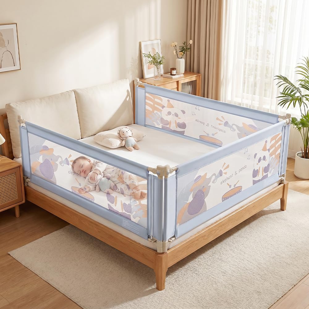 Playpals Baby Bettgitter, Kinderbettgitter 150cm Lang, Höhenverstellbar | Rausfallschutz für Baby Kleinkinder, 70-98cm Höhenverstellbar, Atmungstives Netz, für Einzel- und Doppelbetten, Blau