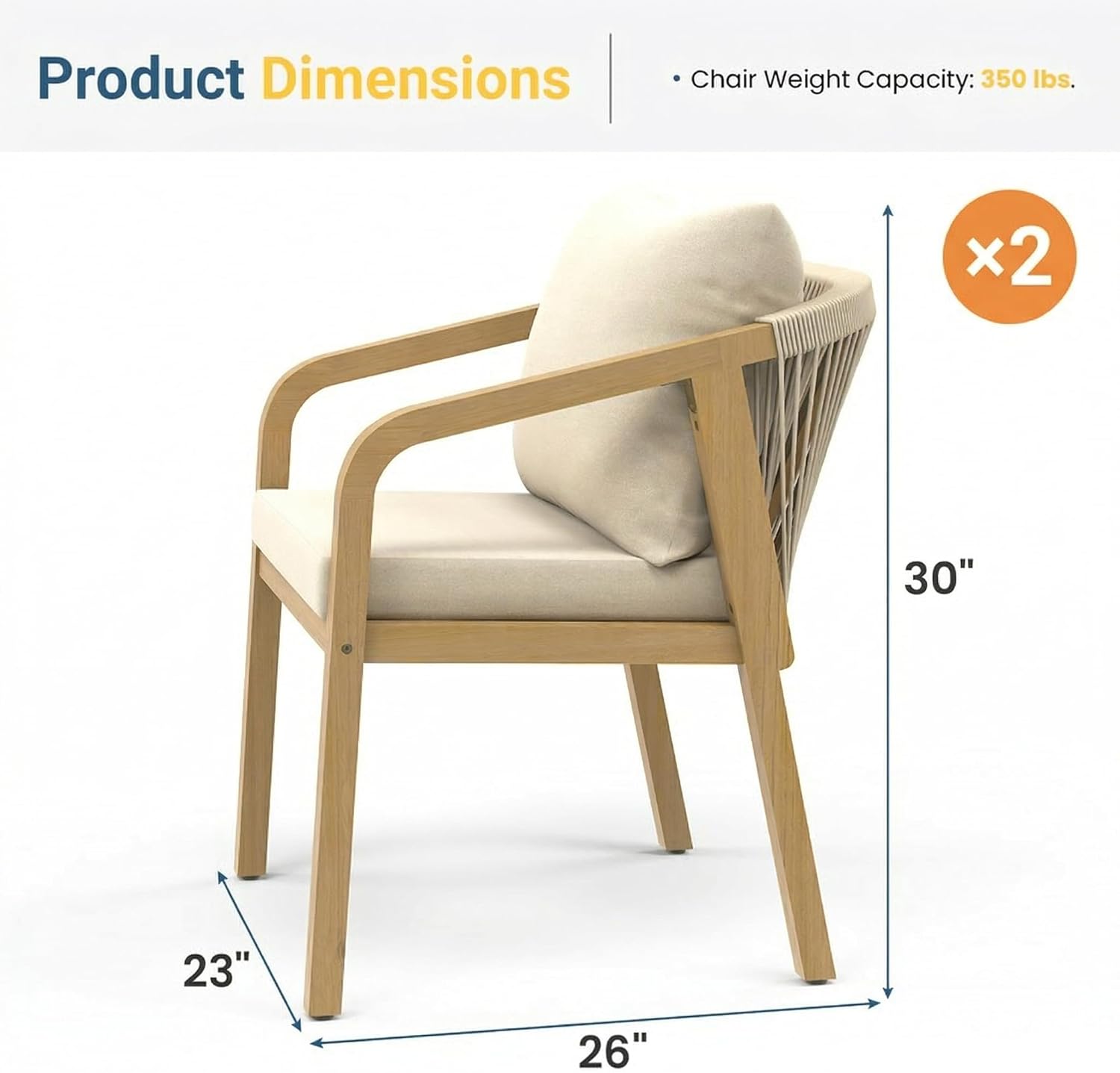 FansaFurn Acacia Wood Outdoor Dining Chairs Set of 2, 23" W×18.5L Patio Dining Chairs with Removable and Washable Cushion, All-Weather Outdoor Patio Sofa for Proch Garden, Lawn