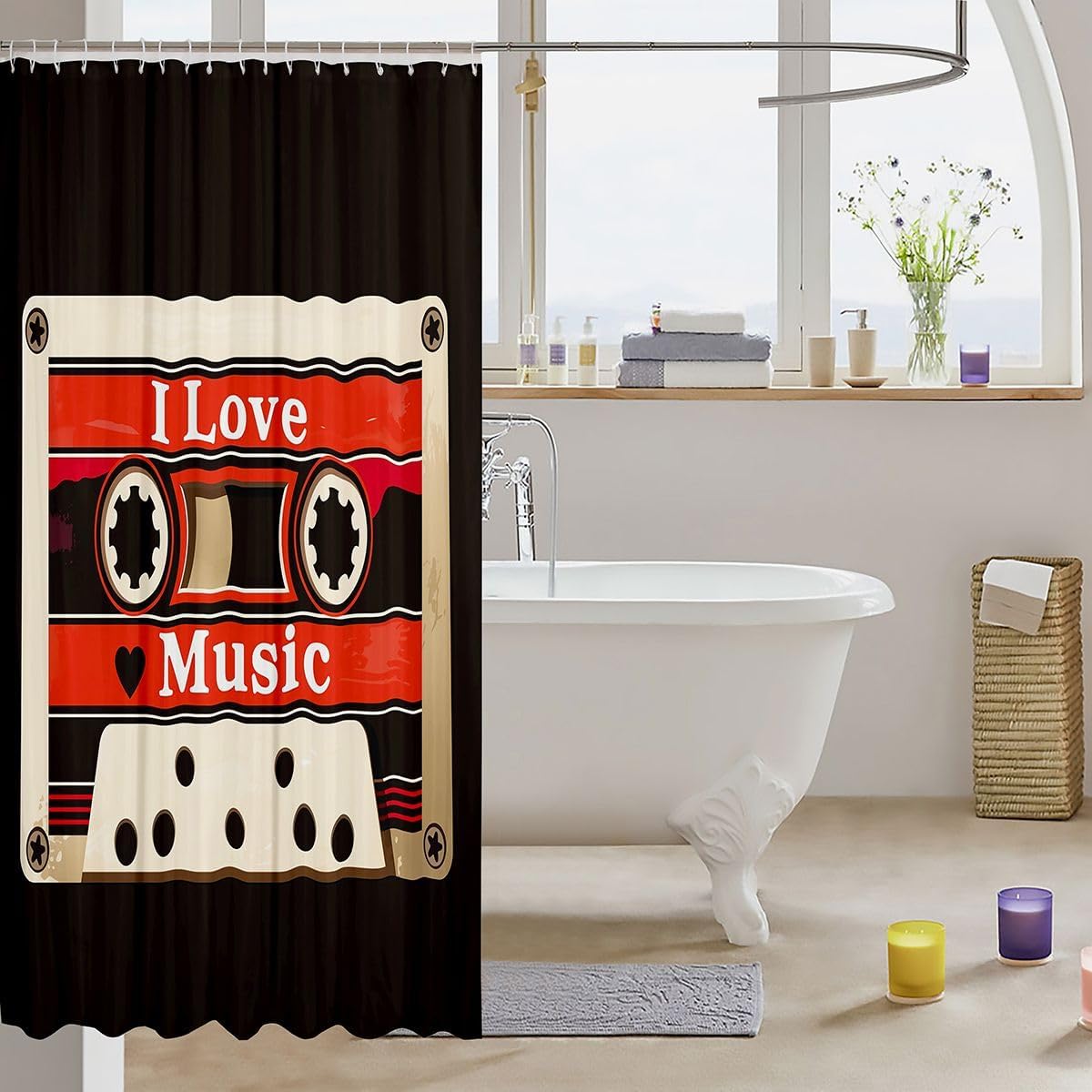 Feelyou Cassette Tape Shower Curtains Retro Music Bathroom Curtain for Kids Women Men 80s Style Bathroom Accessories Tape Reel Waterproof Polyester Fabric for Stalls Bathtubs 72"x72" image 3
