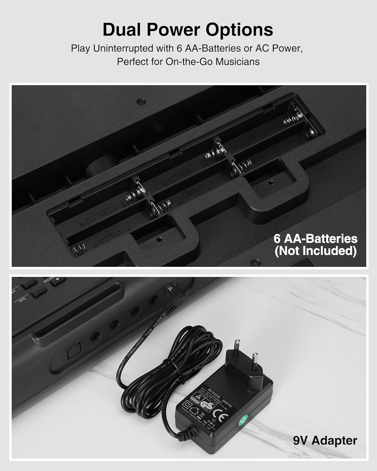 Dual power options: battery compartment and AC adapter