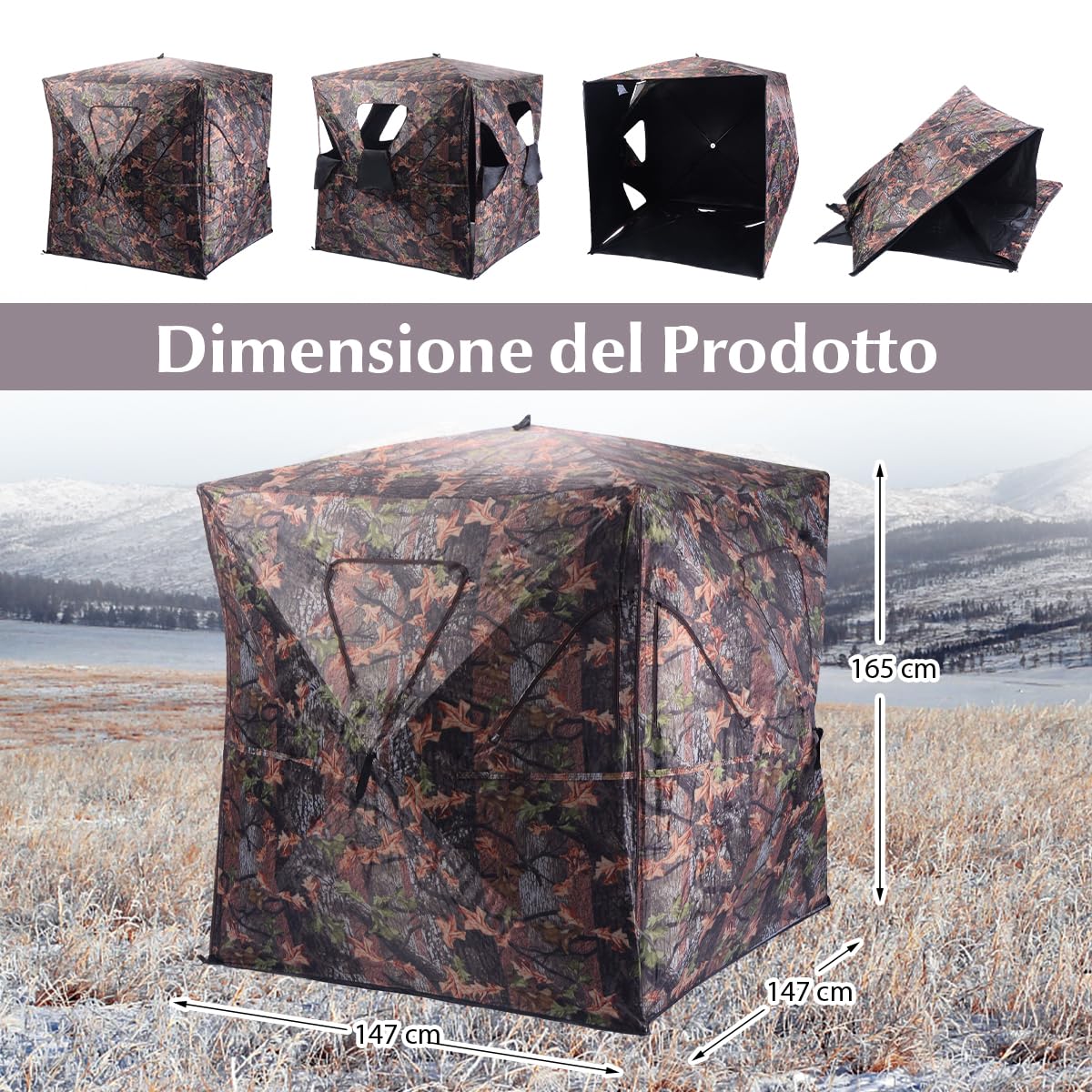 COSTWAY Tenda da Caccia Portatile per 3 Persone con Visione a 360°, Tenda a Terra Impermeabile con Borsa, Cinghie e Picchetti