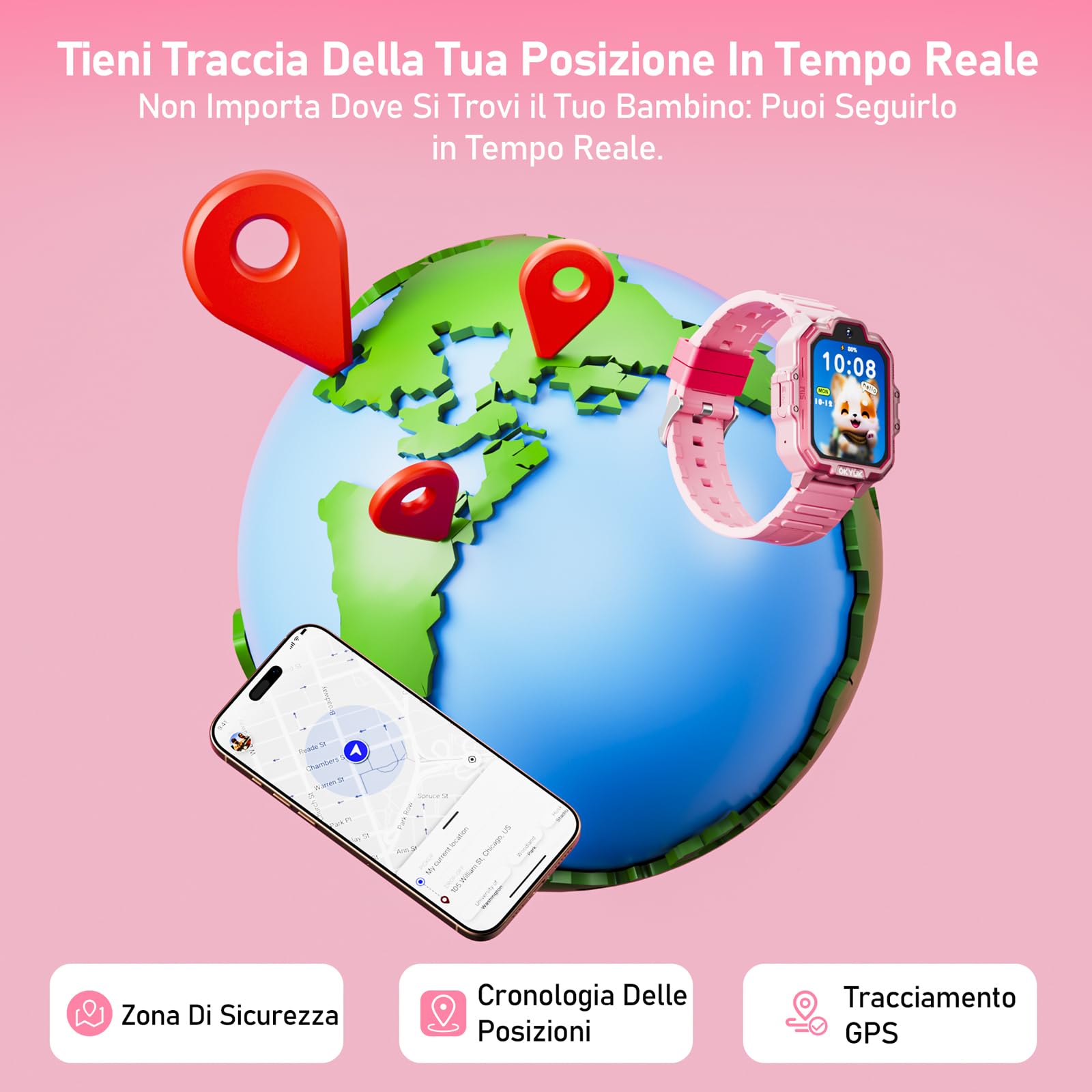 OKYUK T17 smartwatch bambini, 4G orologio bambino, GPS per bambini, SOS, chat vocale, SMS, modalità scuola, giochi e stazione di ricarica Panda, orologio per ragazze e ragazzi（Rosa）
