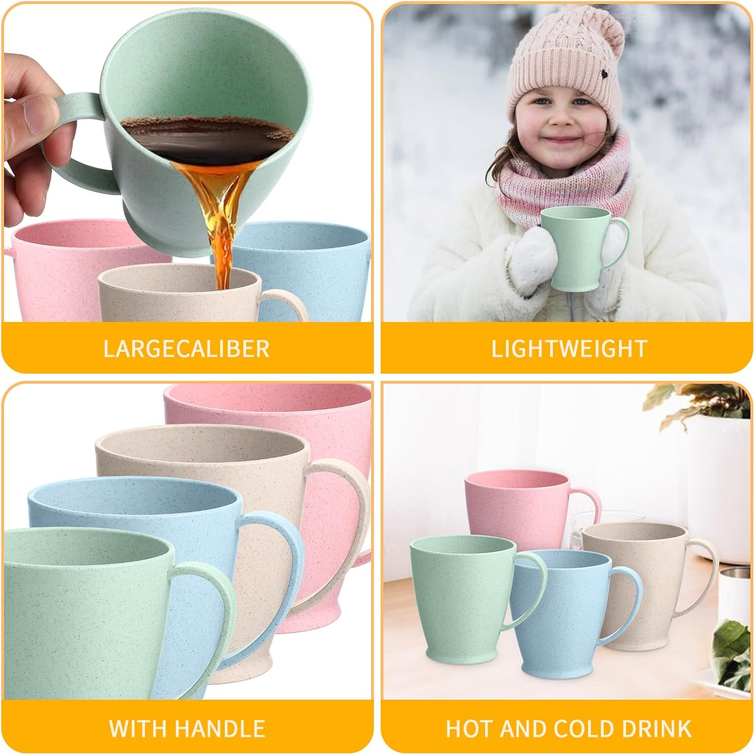 16-Pack 10oz Wheat Straw Mugs, Dishwasher Safe Unbreakable Coffee Mug Set with Handles, Reusable Plastic Mug for Coffee, Tea, Milk, Warm Beverages (4 Colors, 2.2x3.5 in)