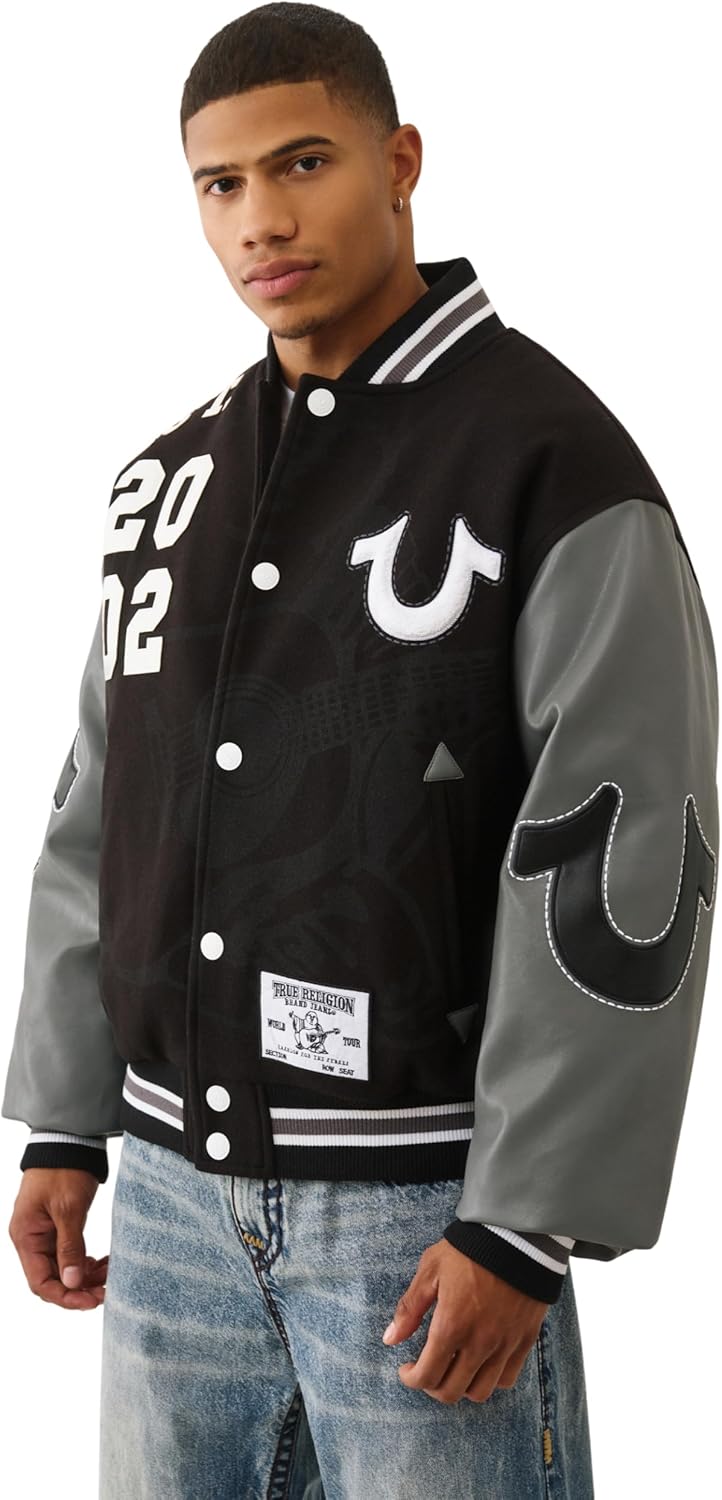 True Religion Men's Boxy Varsity Jacket – Snap Front Bomber Style with Embroidered Logos