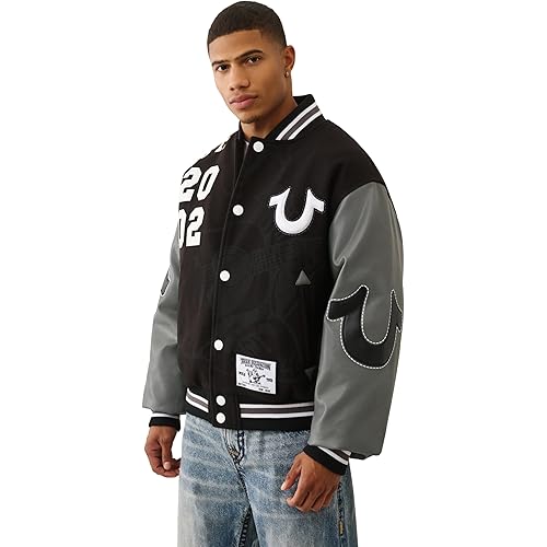 True Religion Men's Boxy Varsity Jacket – Snap Front Bomber Style with Embroidered Logos