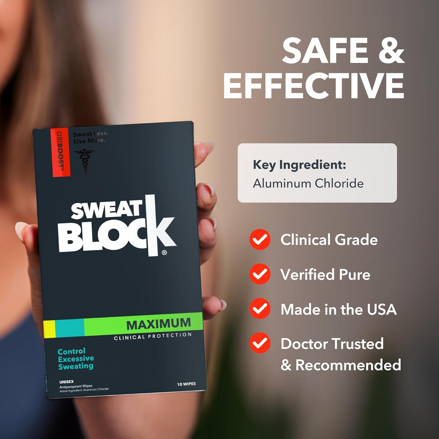 SweatBlock Maximum Clinical Strength Antiperspirant and Deodorant System for Men and Women Hyperhidrosis Aid for Excessive Sweating and Odor 10 DRIBOOST Wipes plus Sandalwood Deodorant Stick 2.7 oz