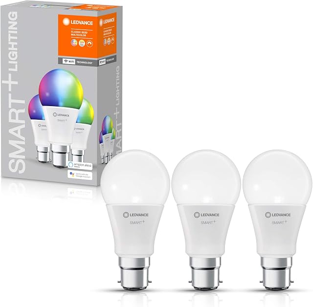 LEDVANCE Smart LEDLamp with WiFi Technology, Base: B22D, Di mmable, Tunable White (2700-6500K), RGB Colors Changeable, Replaces Incandescent Lamps with 60 W, SMART+ WiFi Classic Multicolour, Pack Of 3