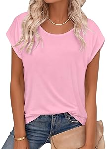 CHICGAL Cap Sleeve Tops for Women Casual Short Sleeve Shirts Summer Basic Tees Trendy Going Out Outfits(Pink,S)
