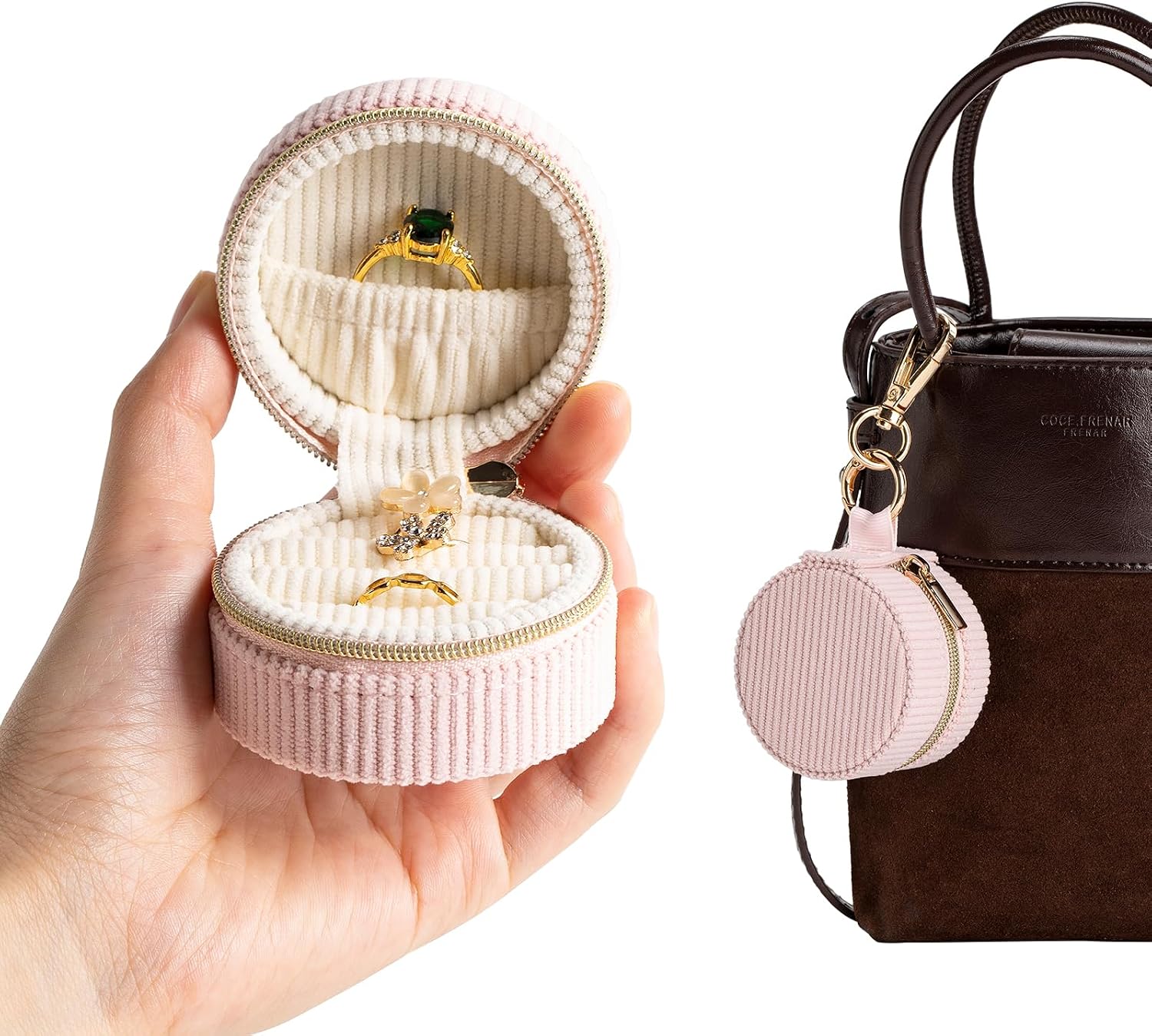 Ring Box & Holder with Keychain, Mini Velvet Jewelry Travel Case, Small Organizer for Earrings Necklaces, Engagement Wedding Couples Gift for Women Bride (Pink)