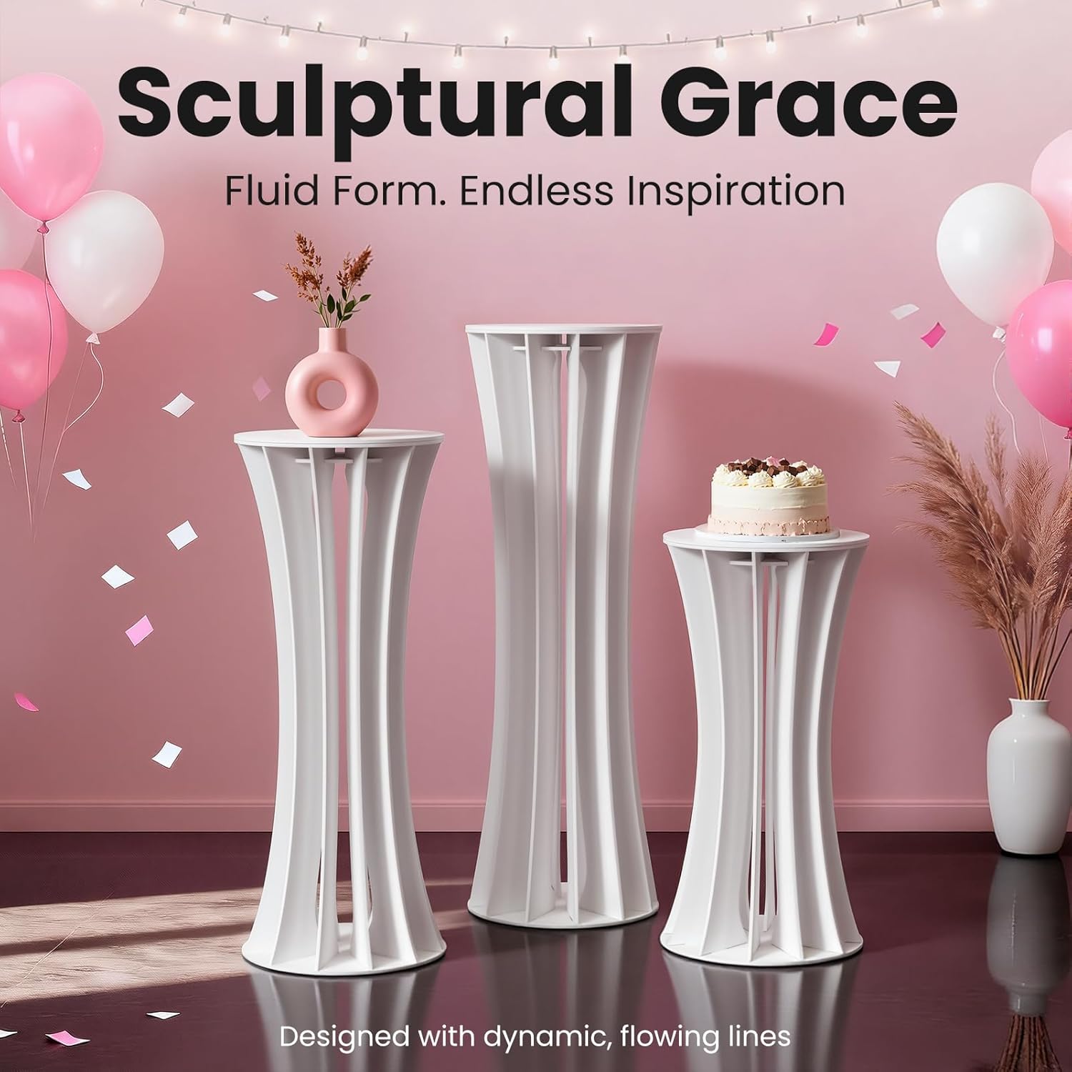 imprsv 3Pcs Cylinder Stands for Party, Large White Cake Stand, Pedestal Display Plinth Pillars for Wedding Ceremony Birthday Party Decor (Flow Shape