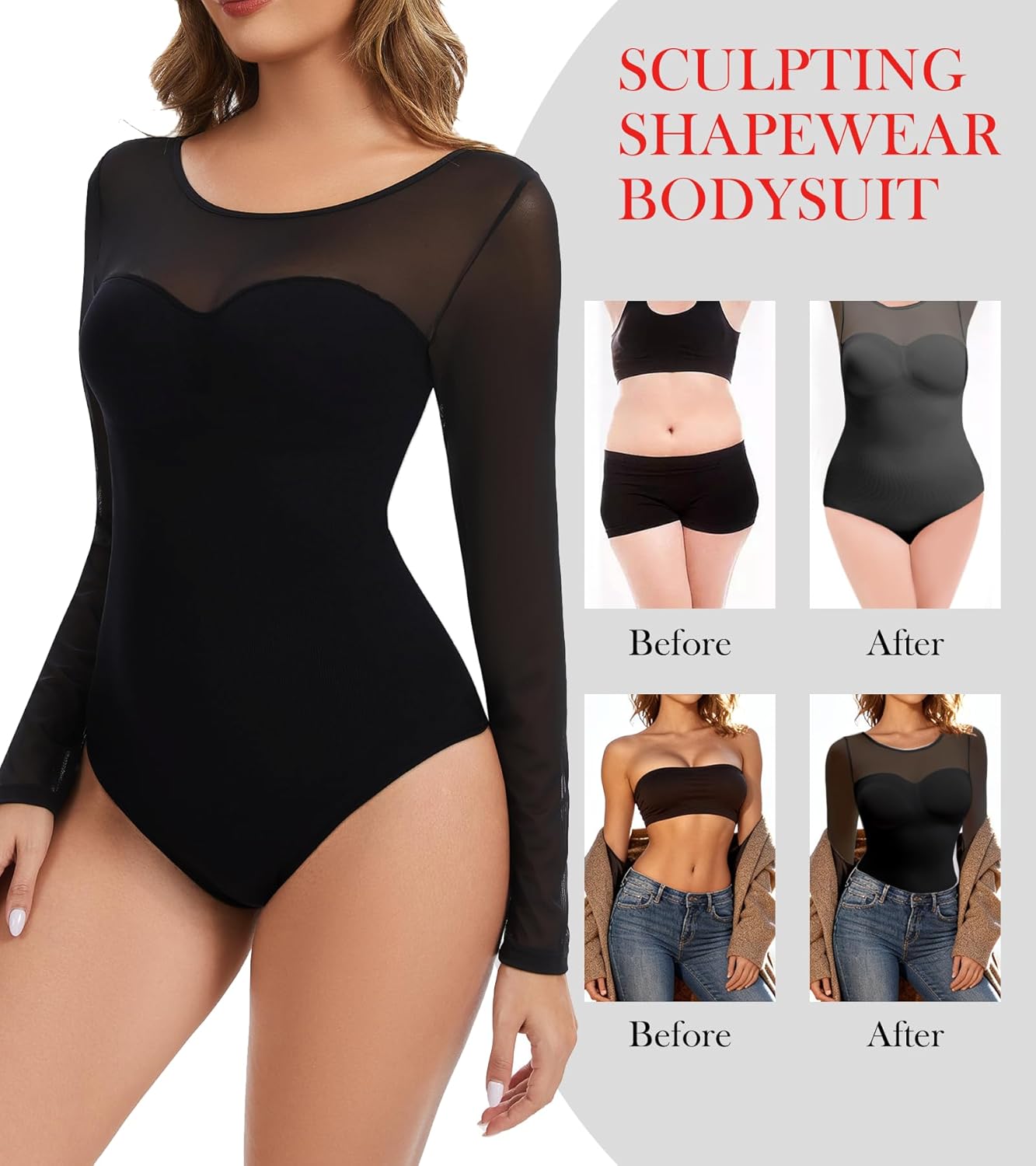 Women Mesh Long Sleeve Shapewear Bodysuit for Tummy Control Seamless Body Suits - Image 4