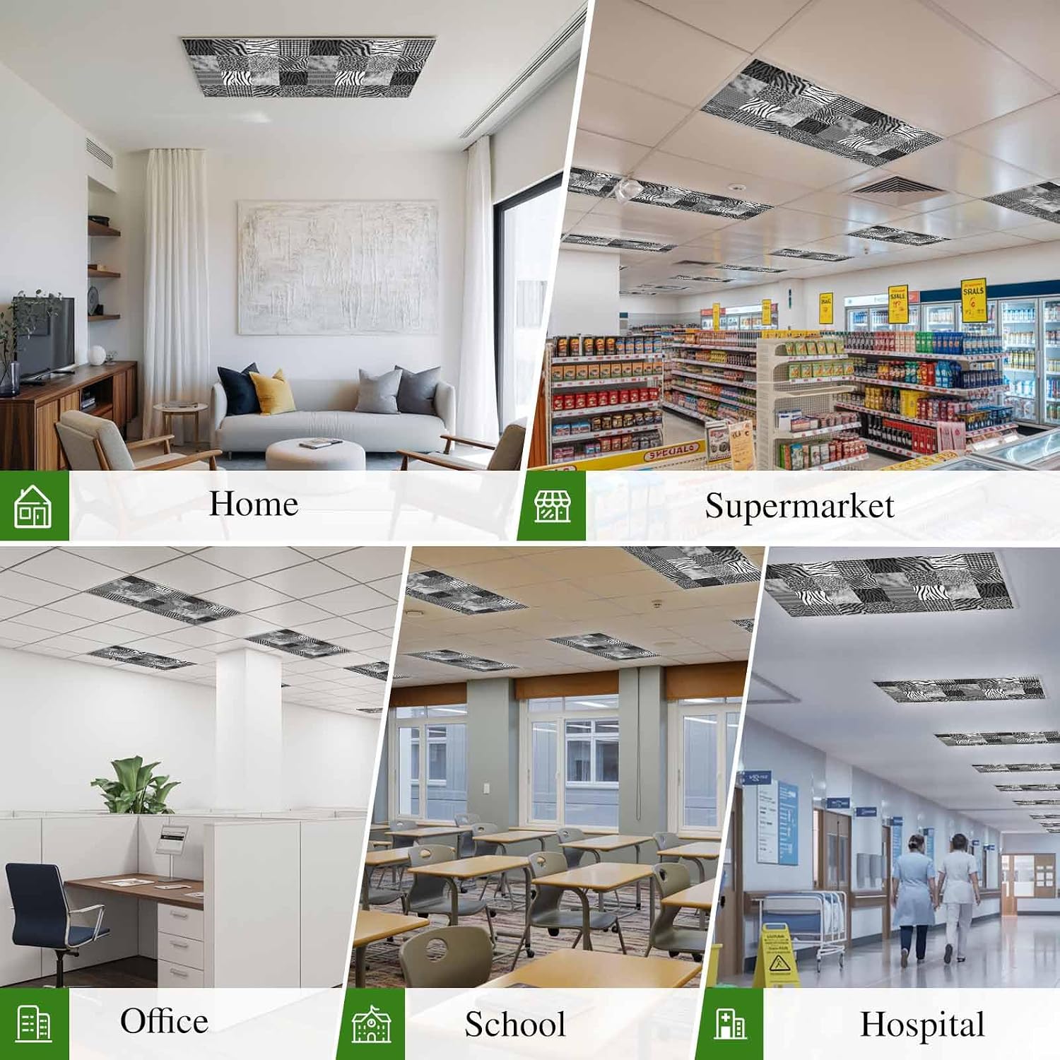 Animal Fur Print Fluorescent Light Covers for Ceiling Lights 4x2 feet,4 Pack Magnetic Light Filters for Classroom,Grey Black Giraffe Zebra Striped Plaid Fluorescent Lamp Shade Panel for Office School