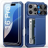 Vista 43 de Funda para iPhone 16 Pro Max con tarjetero (4-5 tarjetas), funda deslizante para cámara y protección de grado militar, a prueba de golpes, Azul