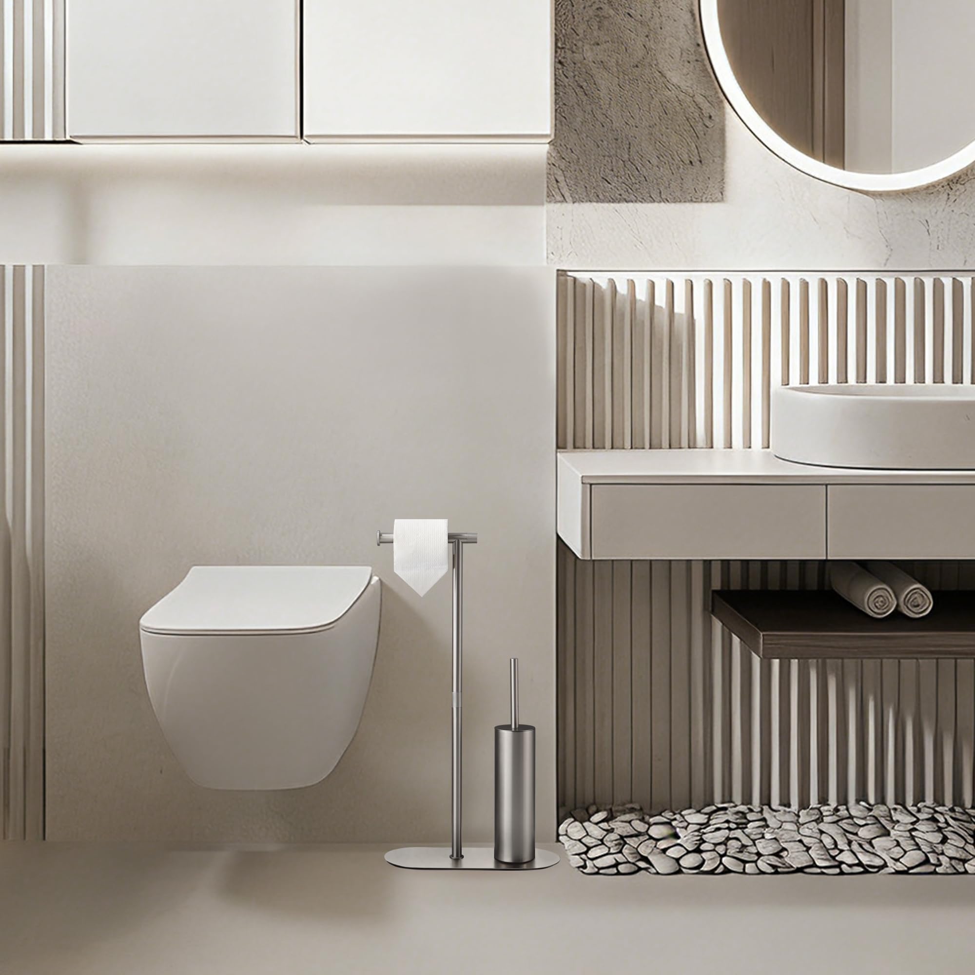 DAZI Toilettenpapierhalter mit WC-Bürste, freistehend, Gebürstetes Nickel | Aus Edelstahl mit 2 Bürstenköpfen in Silikon- und PP-Ausführung – für Bad, Wohnung und Gästetoilette