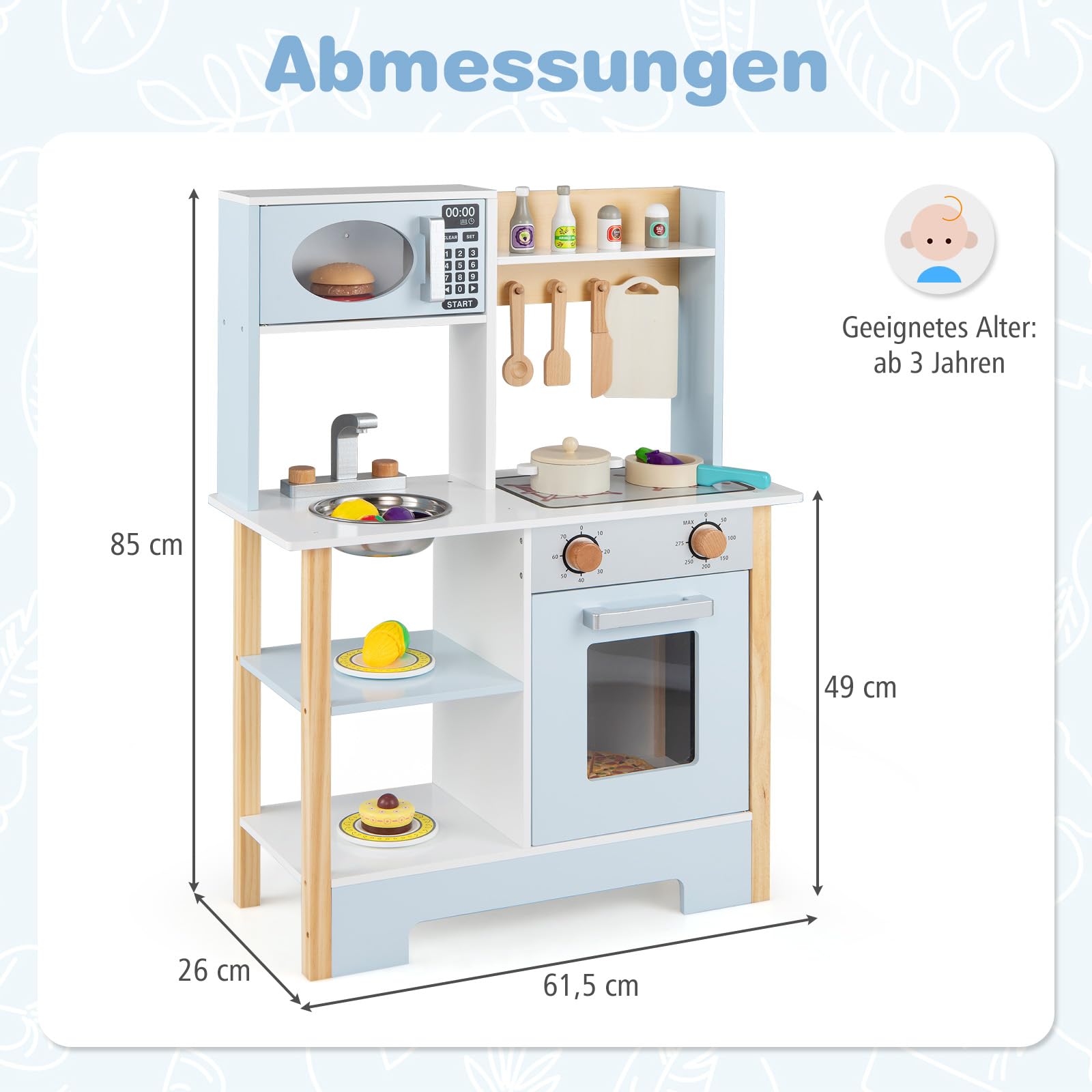COSTWAY Kuchnia dziecięca, kuchnia do zabawy z tablicą, kuchenka mikrofalowa, kuchenka, kran i zlewozmywak, kuchnia zabawkowa z akcesoriami kuchennymi, kuchnia drewniana dla dzieci od 3 lat
