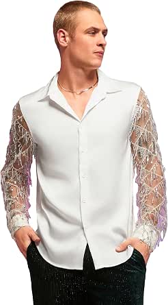WDIRARA Men's Rhinestone Mesh Sheer Long Sleeve Blouse - Party Club Shirt - View #7