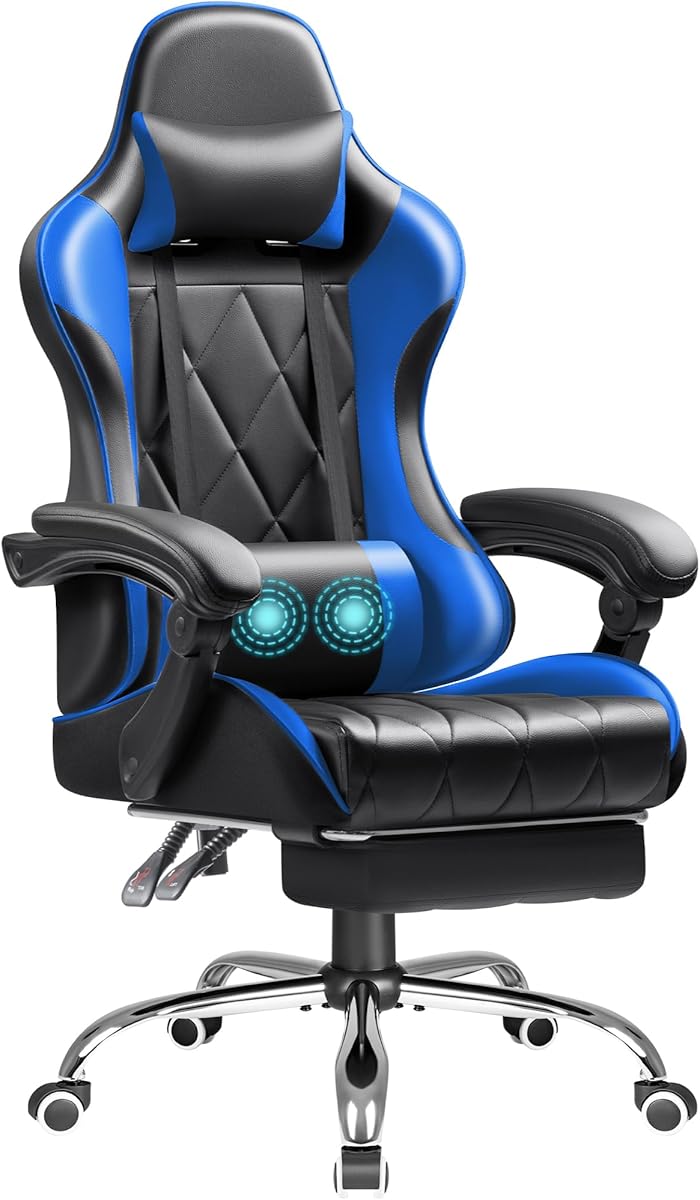 Shahoo Gaming Chair with Footrest and Massage Lumbar Support, Computer Game Chairs Ergonomic Office Seat Height Adjustable with Headrest, Blue