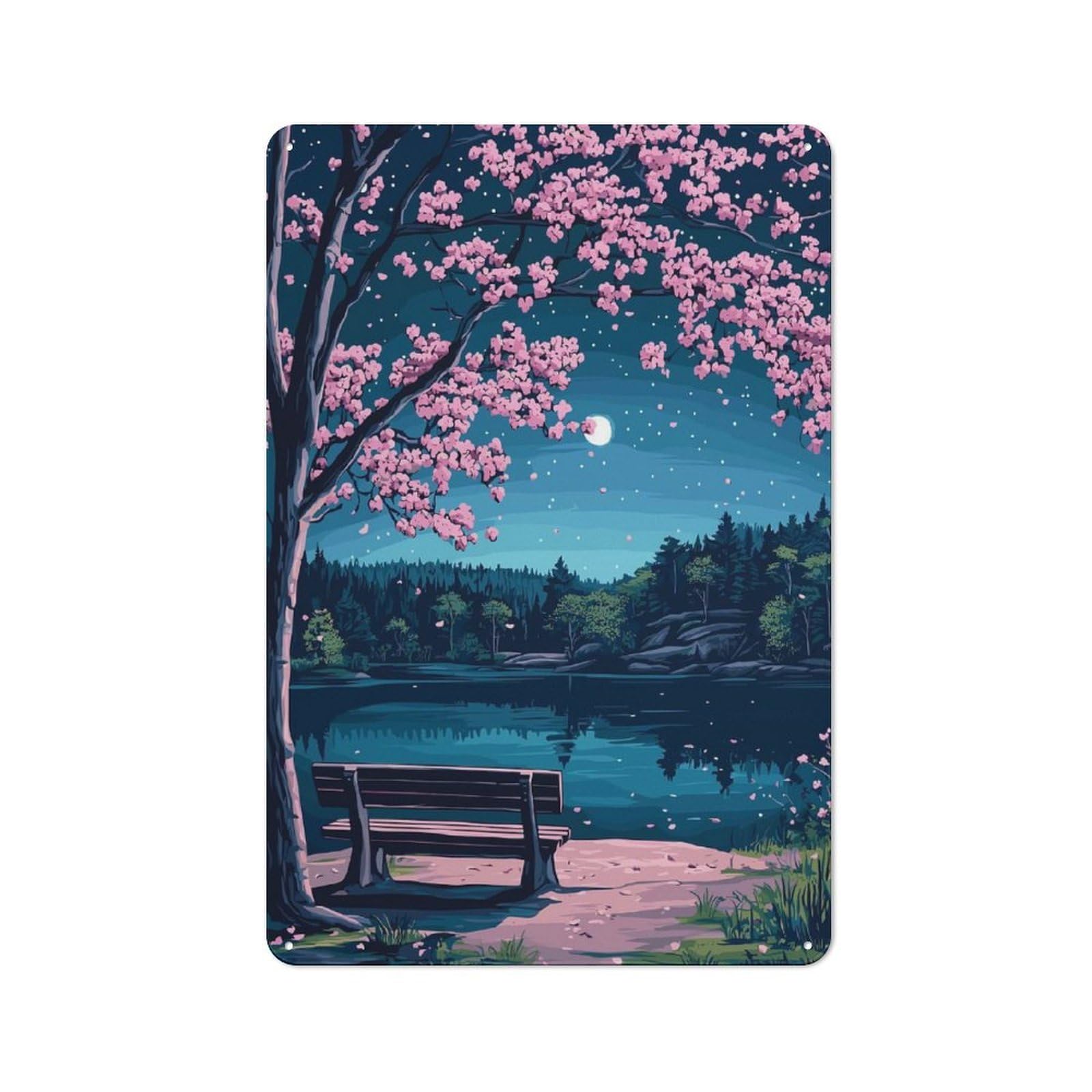 Junmoney Style-24 Nighttime Lake With Cherry Blossoms Retro-Style Printed Metal Sign 30X20cm For Hallway Wall, Winter Wall Decor For Wall Display Collectors