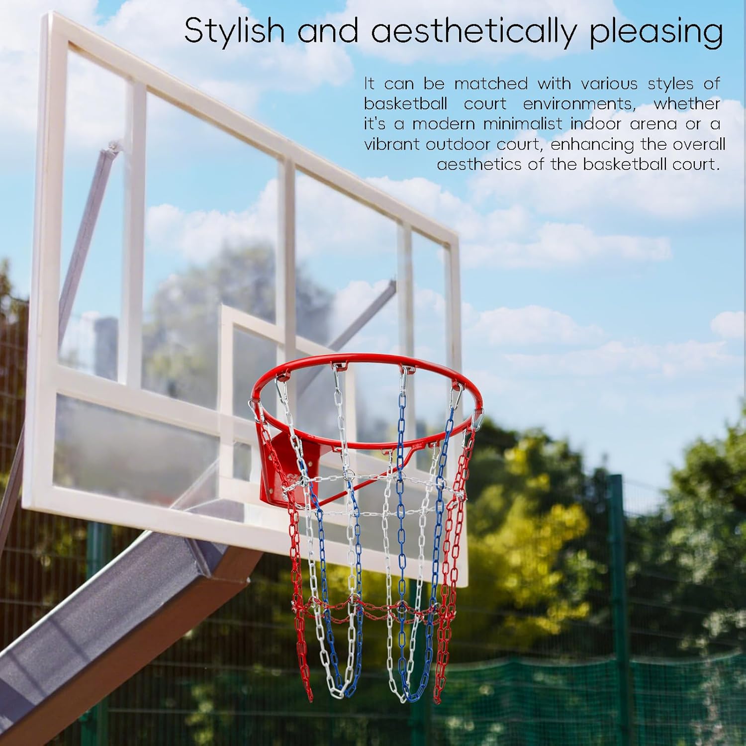 Basketball Net Replacement Heavy Duty, Carbon Steel Chain Basketball Net, Anti-Rust Use Indoor Outdoor Standard 12-Ring Basketball Hoop, Quick Installation,Blue&White