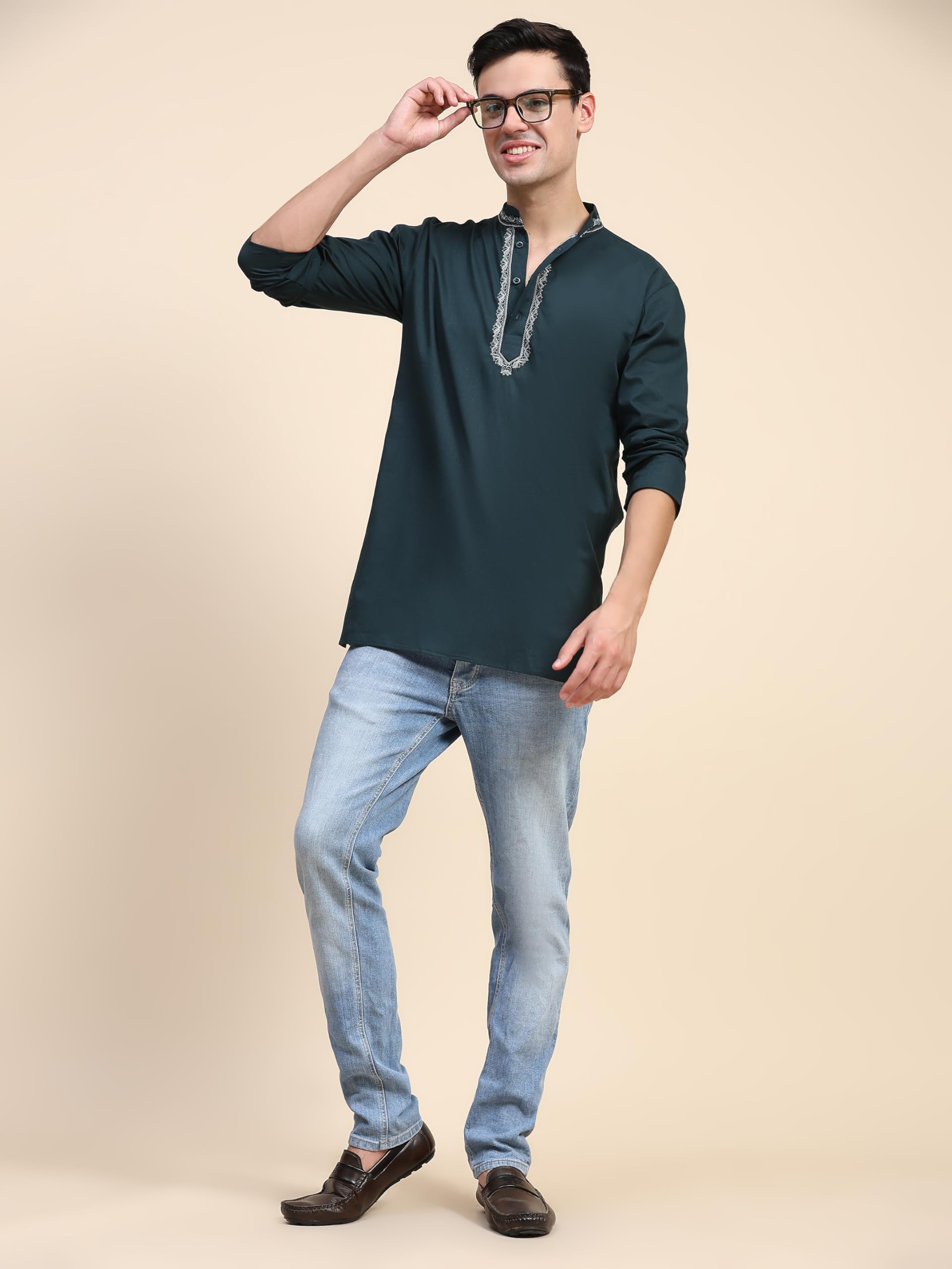 SKAVIJ Uomo Indiano Ricamate Maniche Lunghe Camicie Casual