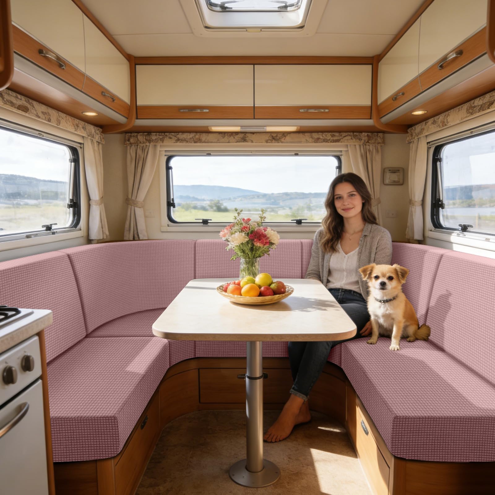 SYLC Caravan Seat Cover Stretch Jacquard, Non-slip RV Dinette Cushion Covers with 2 Straps, Couch Cushion Covers for Camper Sofa Bench (Pink,Corner backrest)