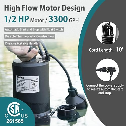 Miniatura 2 de WASSERMANN Bomba de sumidero de 12 HP, bomba termoplástica de utilidad de 3300 GPH bomba eléctrica portátil de transferencia sumergible limpiasucia