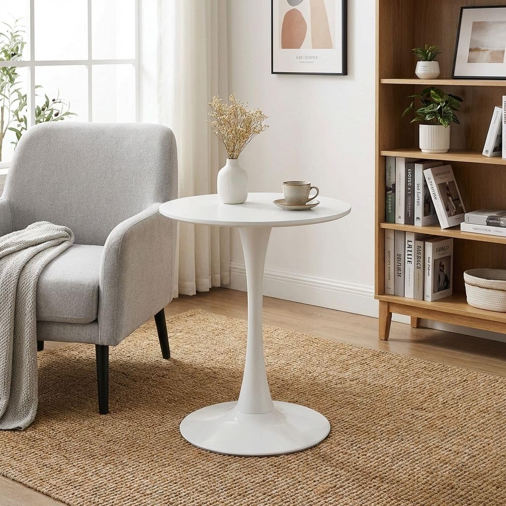 HEMAX Tavolo Tondo Moderno con Top in MDF 3D e Base in Metallo – bianco