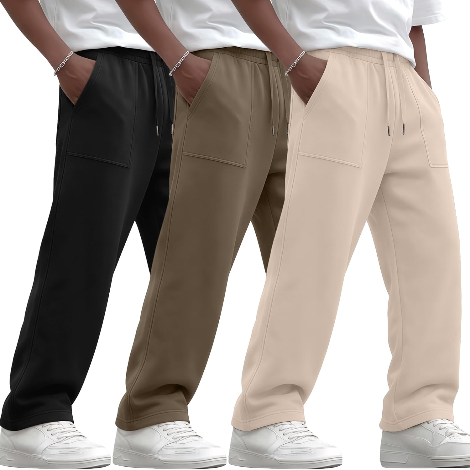 3 Pack Boys' Baggy Sweatpants Straight Leg Open Bottom Athletic Pants Kids Drawstring Trousers with Pockets