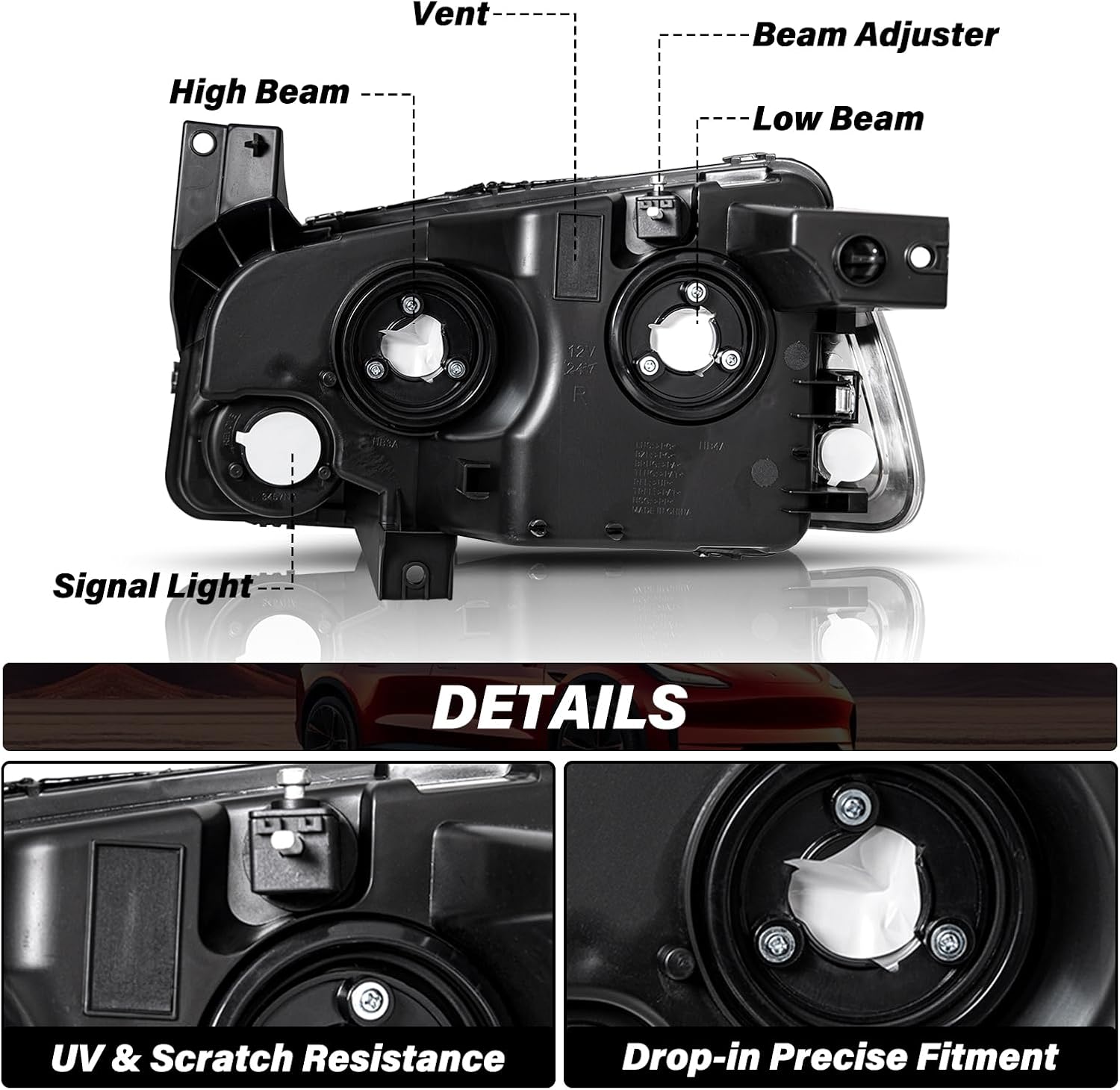 Headlight Assembly Fit for 2006-2010 Dodge Charger Headlight with Corner Light Black Housing Smoke Lens & Clear Reflector with High/Low Beam Bulbs
