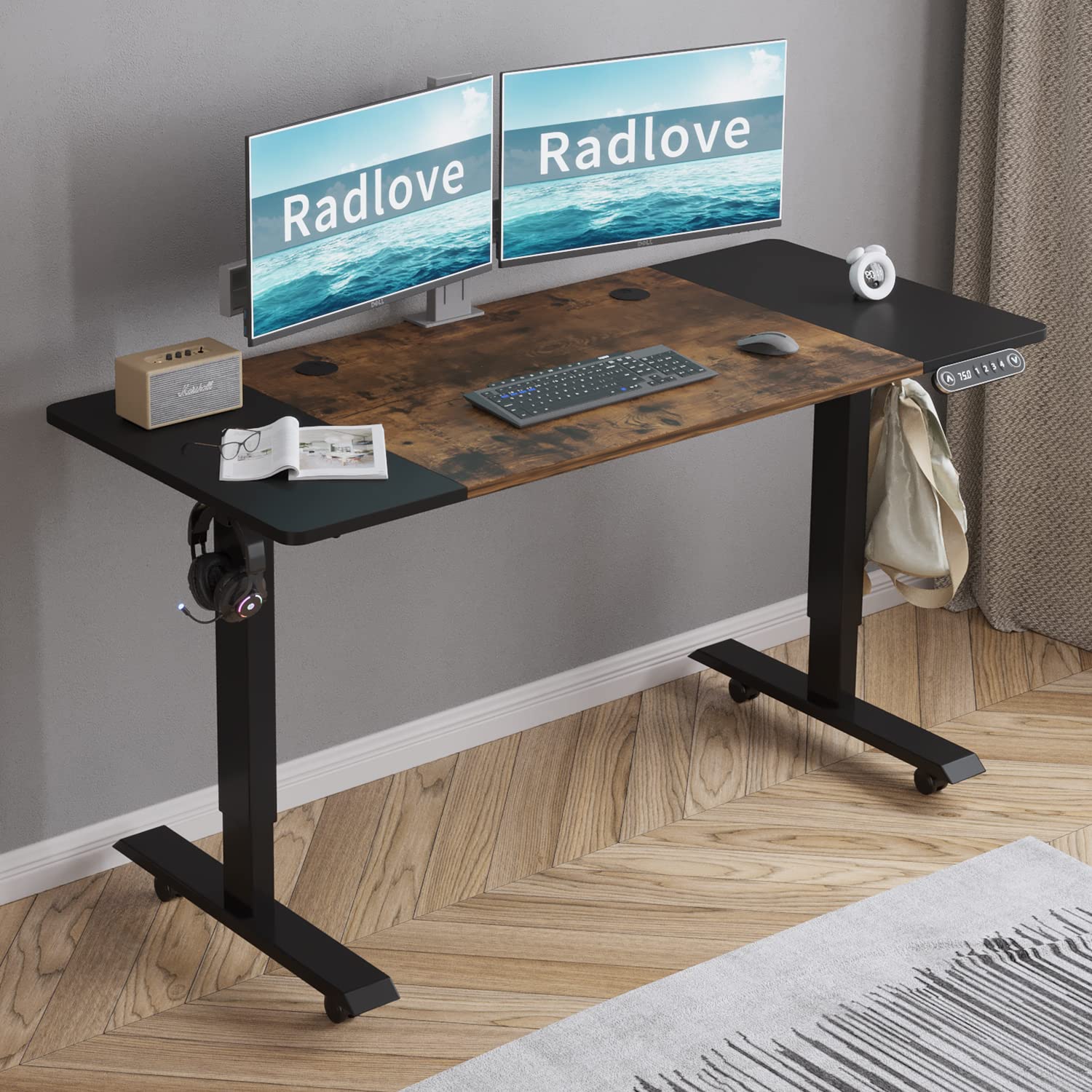 Electric Height Adjustable Standing Desk, Radlove 55'' x 24'' Stand Up Desk Workstation, Splice Board Home Office Computer Standing Table Height Adjustable Ergonomic Desk (Black Frame + 55" Brown Top)