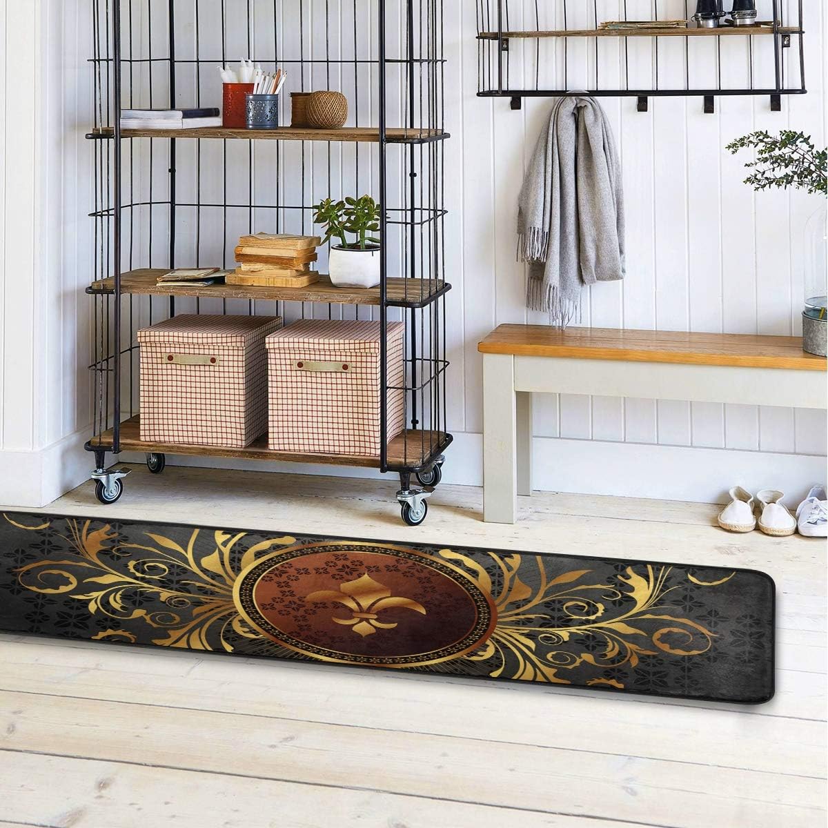 Gold Vintage Fleur De Lis Runner Rug Floor Mat Non-Skid Kitchen Rug Soft Area Rug for Bathroom Entryway Hallway Dining Living Room
