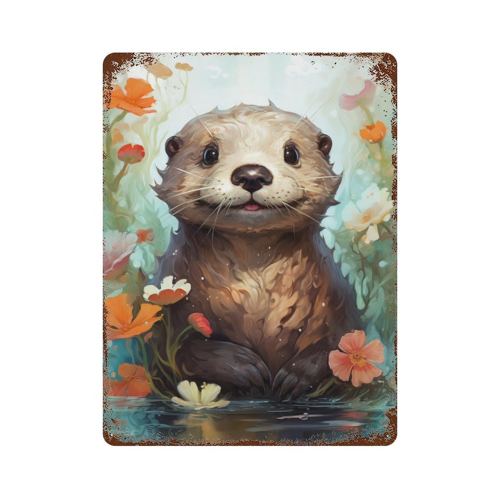 Otter in Flowers-1 Rusty Metal Tin Sign 15.7"x11.8", Vintage Wall Decor for Garage, Pub Or Kitchen