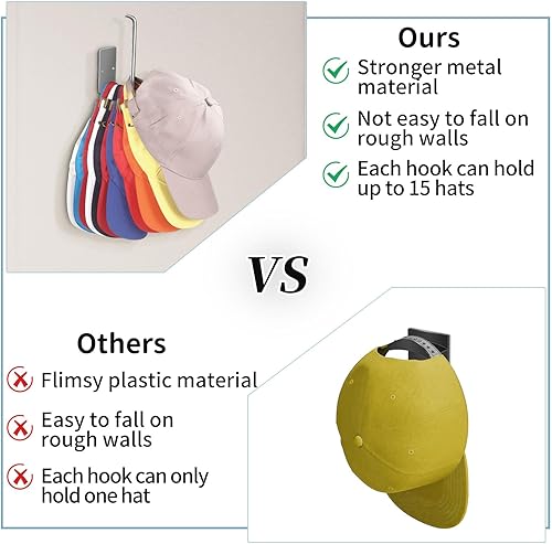 Miniatura 4 de Percheros para gorras de béisbol, paquete de 2 ganchos adhesivos de acero inoxidable para colgar sombreros para pared, organizador de ganchos