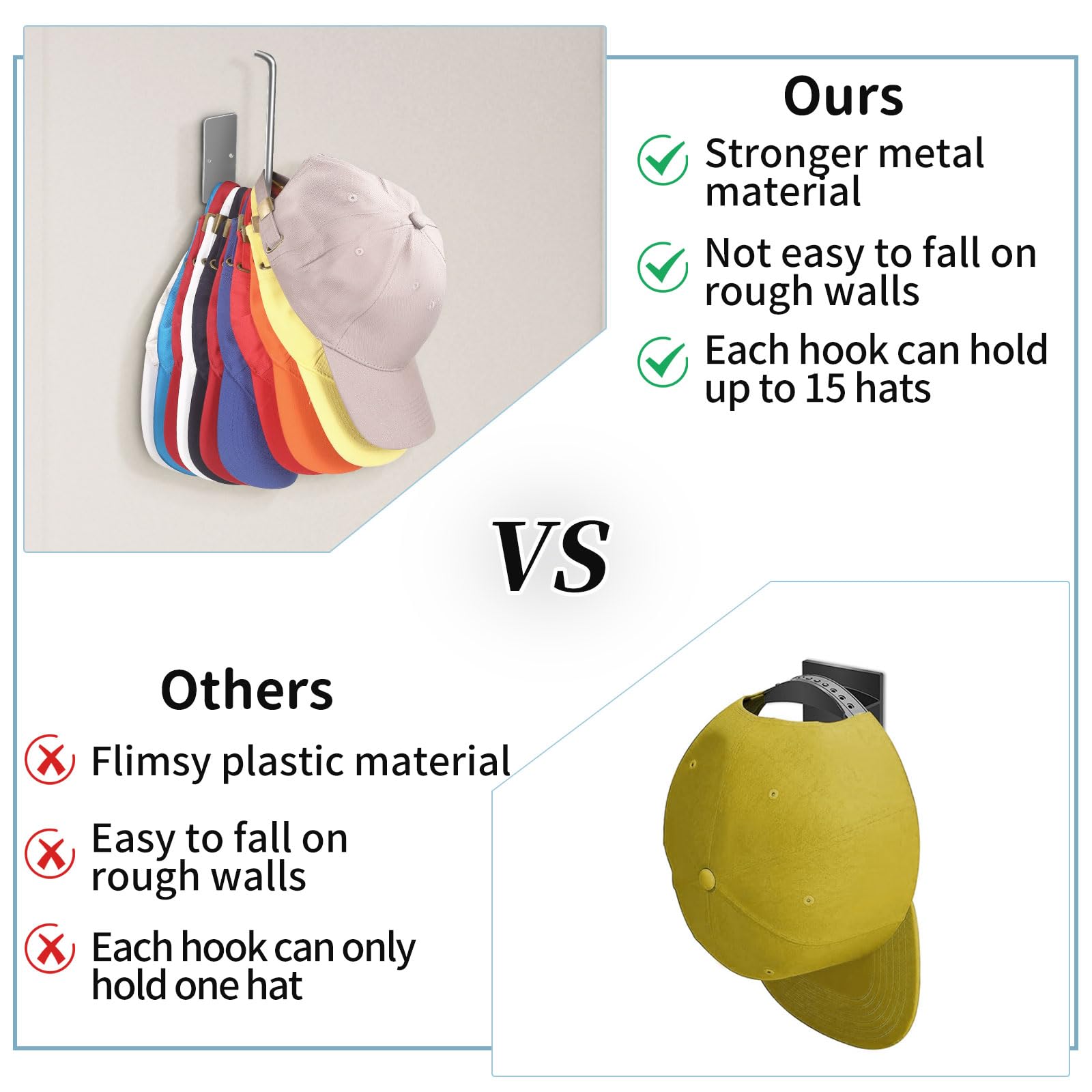 Percheros para gorras de béisbol, paquete de 4, ganchos adhesivos de acero inoxidable para pared, organizador de ganchos fuertes multiusos que puede contener más de 10 sombreros para