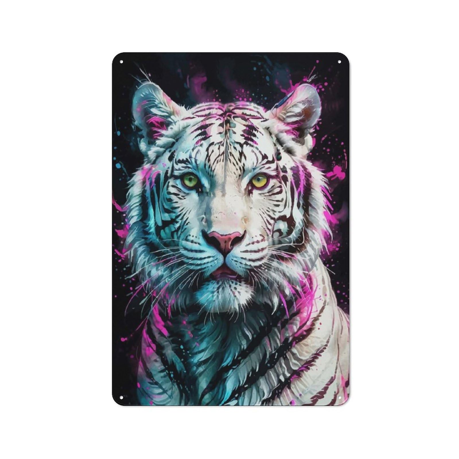 Junmoney White Tiger With Neon Splashes Rustic Tin Wall Plaque 30X20cm For Garage Or Workshop, For Garage Decor Fans, For Retro Home Interiors