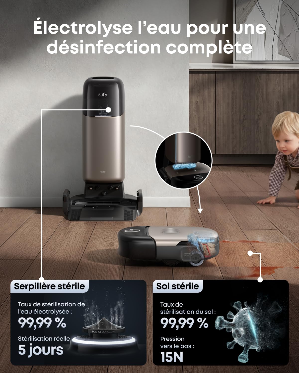 eufy Robot aspirateur Laveur Omni S2 avec Station UniClean™ 12-en-1 | 30 kPa, AeroTurbo™ 2.0, HydroJet™ 2.0, nettoyage écologique à l'eau électrolysée, coins et rebords, brosses DuoSpiral™