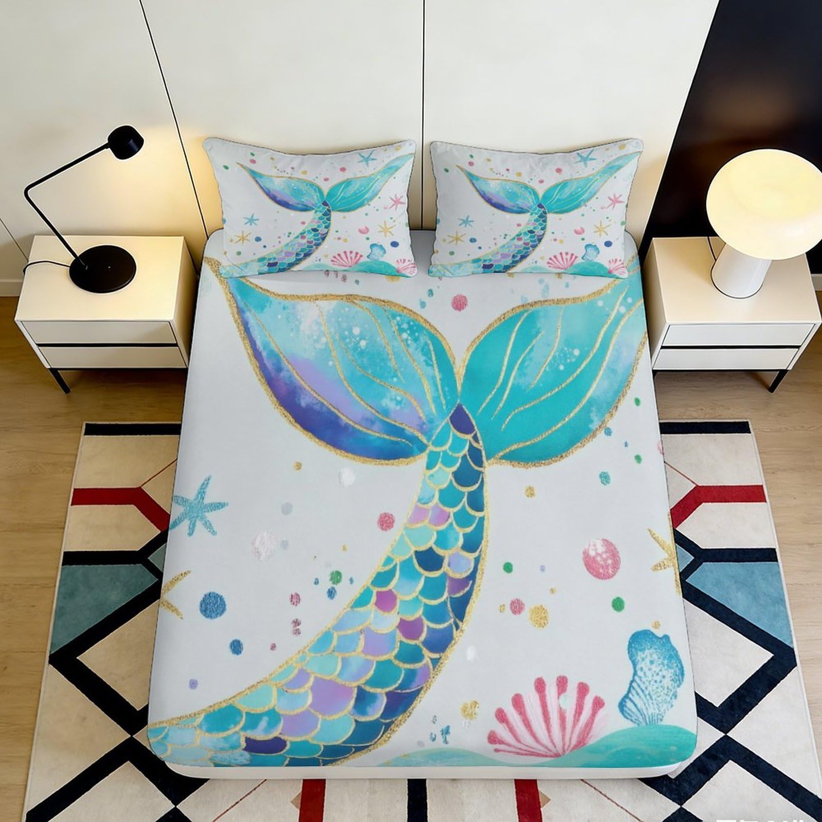 3D Printed Mermaid Tail Fitted Sheet Microfiber Soft Breathable Underwater Pattern Mattress Cover for Bedroom Dormitory Guest Room Mattress Protection 120x200x25cm