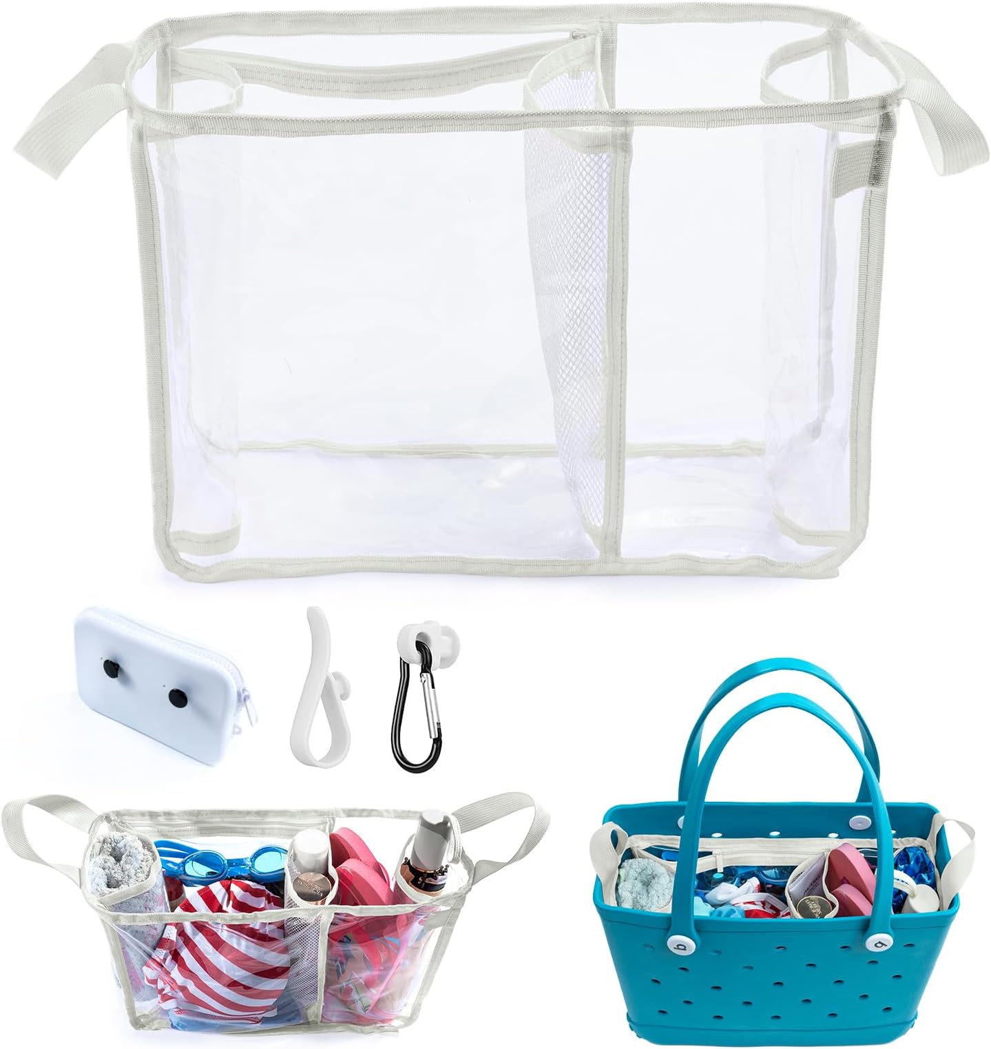 AMOIGEEAMOIGEE Clear Beach Bag Organizer Insert with 3pcs Accessories Compatible with Bogg Bag (Medium), Beach Tote Bag Divider with Sunglasses Holder, Phone Holder and Clips Hooks, Beach Tote Bag Insert