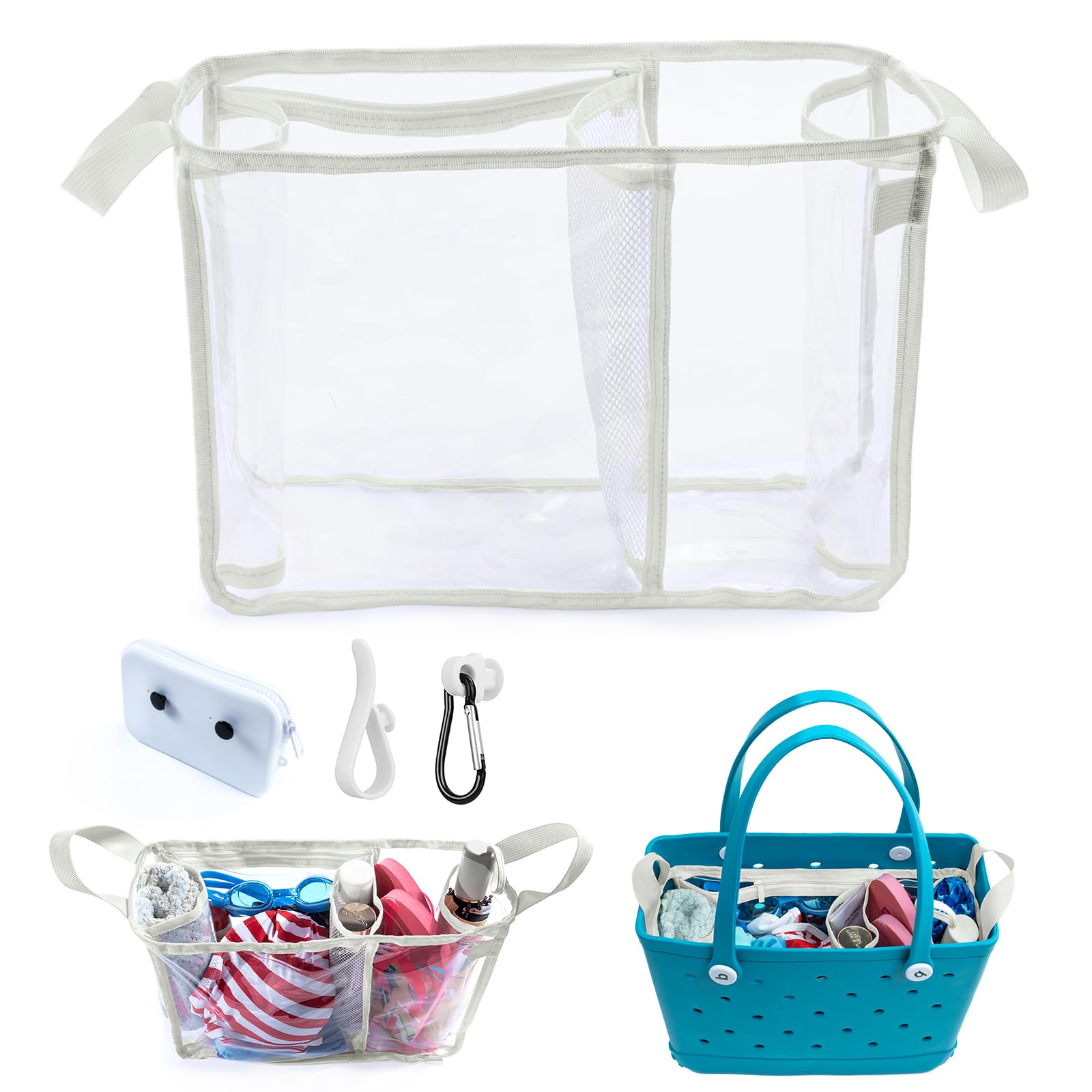 AMOIGEEAMOIGEE Clear Beach Bag Organizer Insert with 3pcs Accessories Compatible with Bogg Bag (Medium), Beach Tote Bag Divider with Sunglasses Holder, Phone Holder and Clips Hooks, Beach Tote Bag Insert