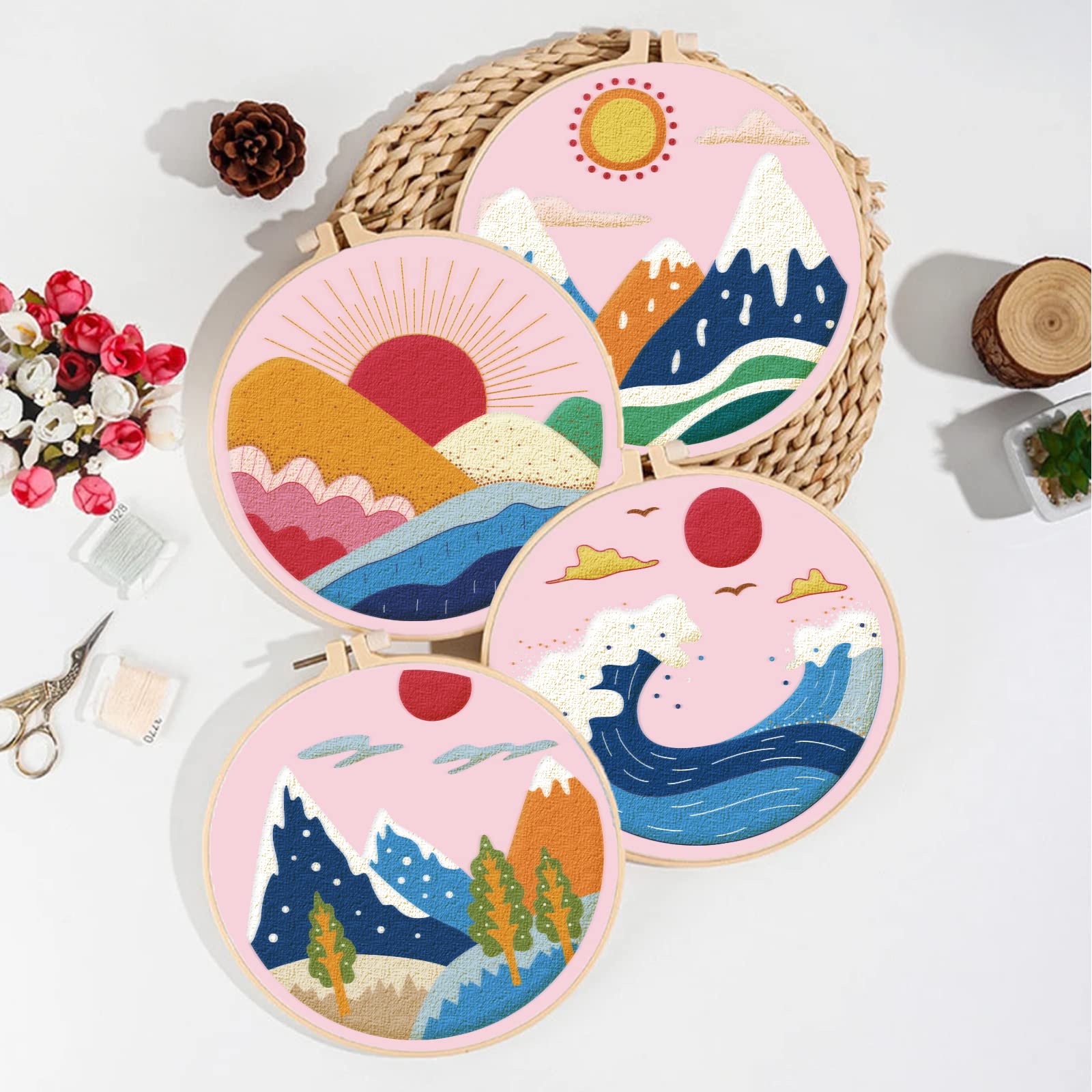 4 PZ Set Da Ricamo, Paesaggio Pattern Materiali Da Ricamo, Modello