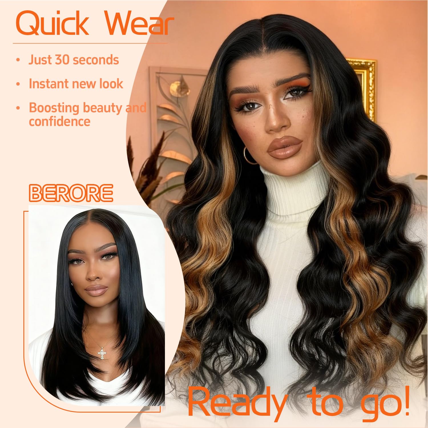 5x5 Lace Front Wig Glueless Synthetic Wig 26 Inch 1B/27 Highlights Body Wave Wig for Women HD Hand-Tied Pre Cut Lace Beginner Friendly Natural Hairline Scalp Look