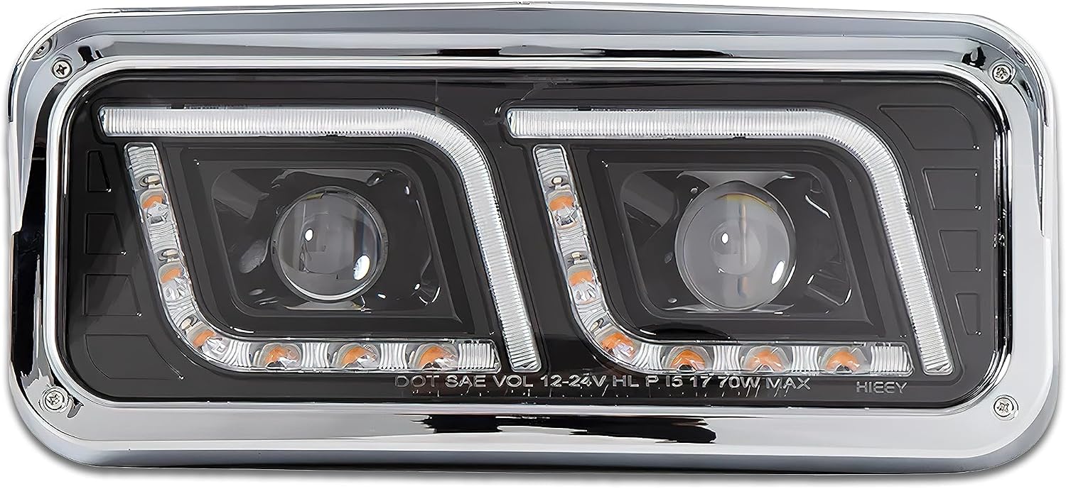 KOZAK LED DRL DUAL Black Projector Headlight (Passenger Right Side) Compatible with PETERBILT 357 365 378 379 PLUS Logo Reflective Vest