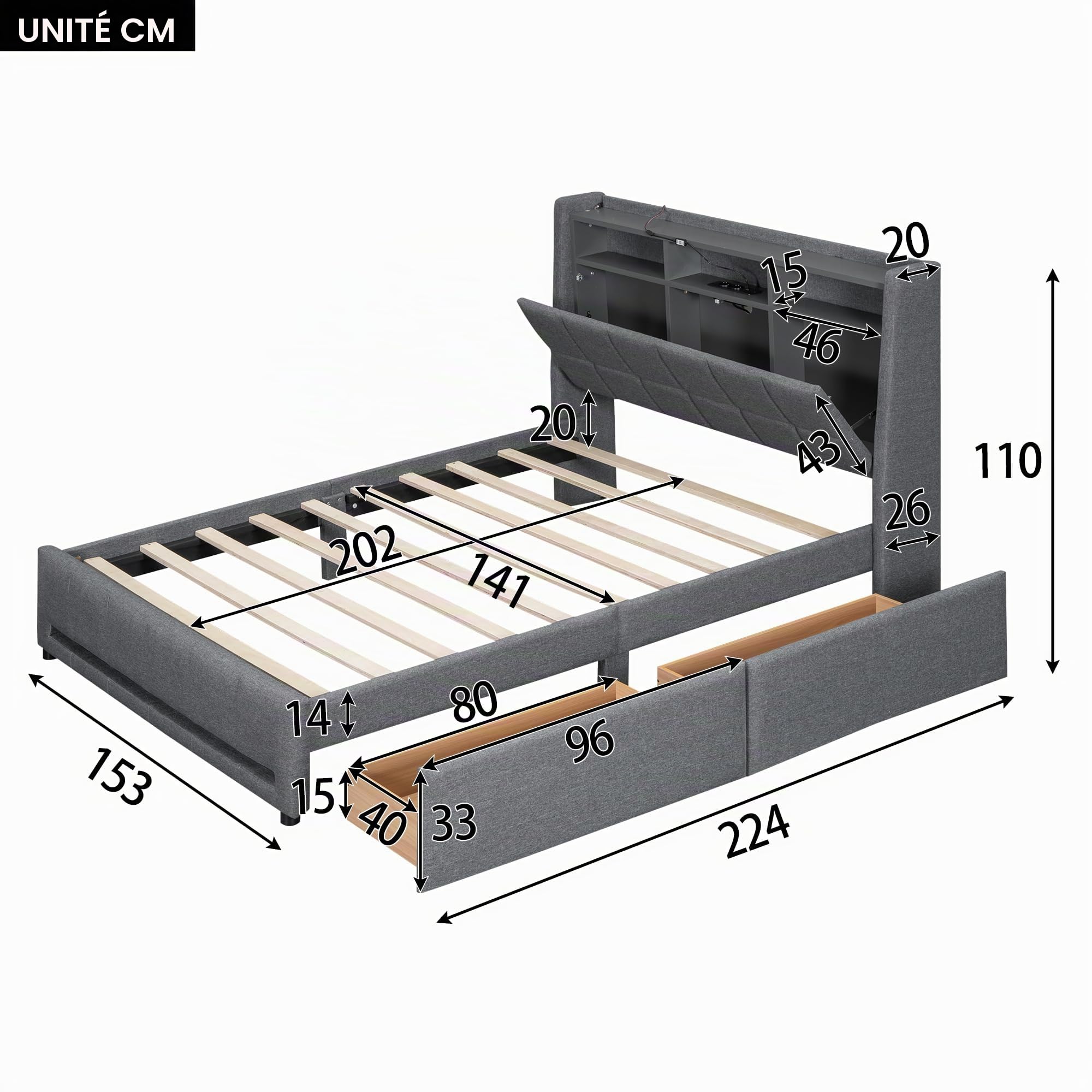 Zepneiy Lit 140 x 200 cm avec LED et USB, lit rembourré 140 x 200 cm avec tête de lit et tiroirs pliants, lit double avec sommier, espace de rangement, lit jeune, structure en lin gris